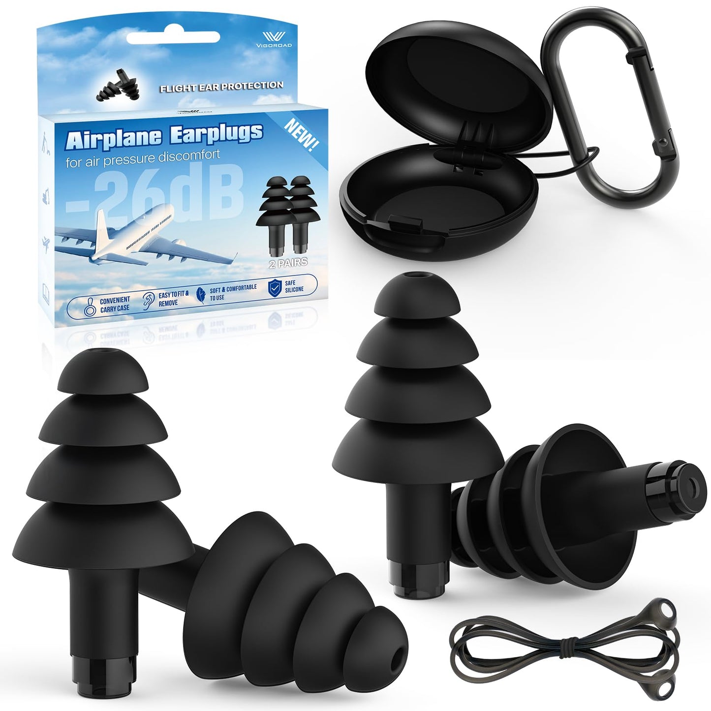 Ear Plugs for Airplane Pressure Relief, 2 Pairs Adults Soft Silicone Reusable Airplane Earplugs 26dB, with Silicone Connector Cord, Travel Essentials for Flying, Ear Protection Earplugs for Plane