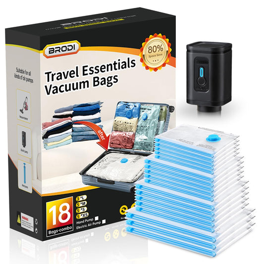 BRODI 10 Combo Pack Travel Vacuum Bags with Pump - Space Saver & Travel Essentials, Clothing & Luggage Vacuum Seal Bags