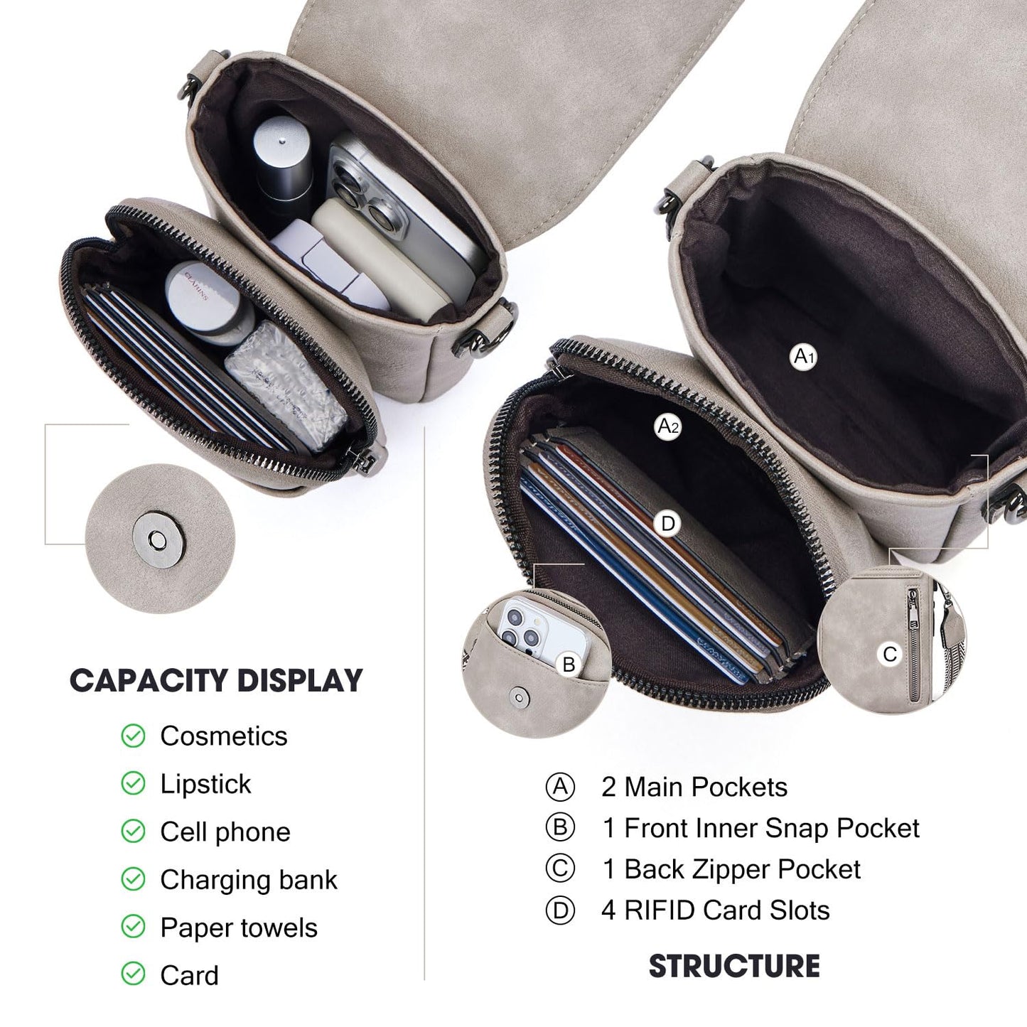 POIUGOYA Small Crossbody Bags for Women Trendy,Leather Triple Compartment Cell Phone Crossbody Wallet Purses with Card Slots