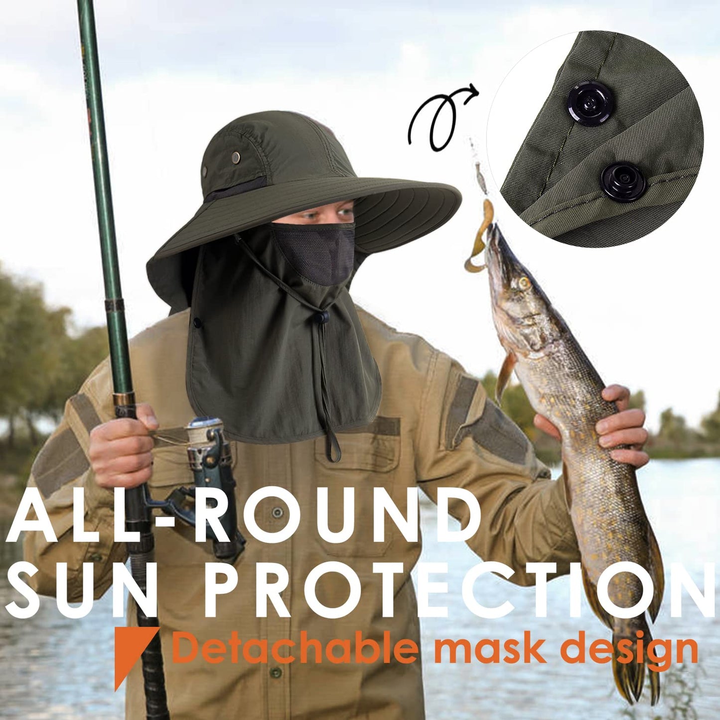Mens Women Fishing Hat UPF 50+ Wide Brim Sun Hat with Face Cover & Neck Flap