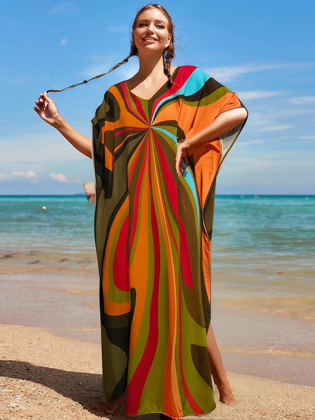 RanRui Floral Print Kaftan Dresses for Women Ethnic Boho Print Swim Cover up Batwing Sleeve Vneck Caftans