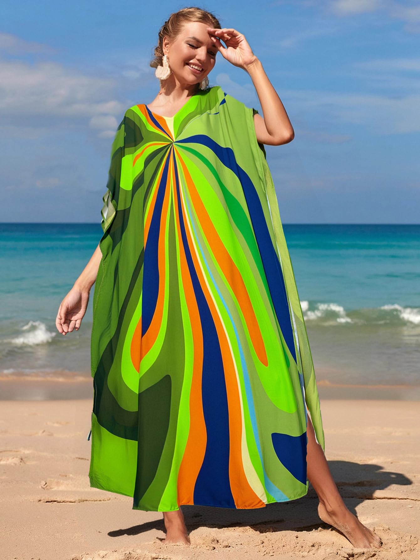 RanRui Floral Print Kaftan Dresses for Women Ethnic Boho Print Swim Cover up Batwing Sleeve Vneck Caftans