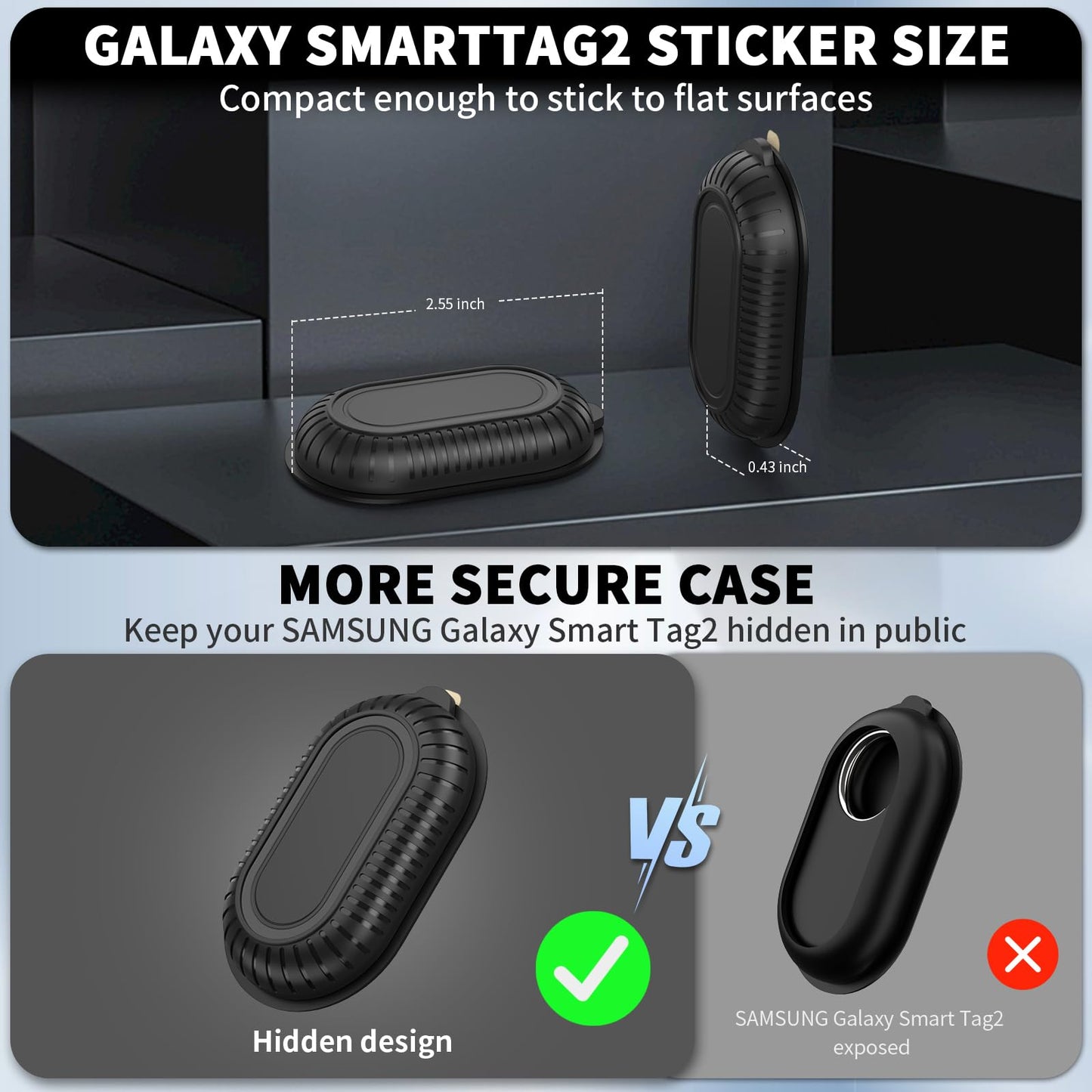 2 Pack Adhesive Case for Samsung Galaxy SmartTag2 with 3M Adhesive Sticker Hidden Full Protective Silicone Case Anti-Lost Scratch Resistant Protective Cover for Smart tag 2 Tracker (Black+Black)