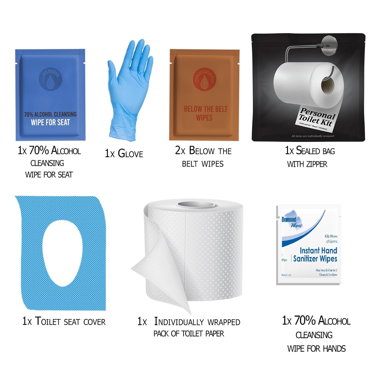 Personal Toilet Kit To Go – 10 Pack | Disposable Public Restroom Kit | Individually Wrapped for Toilet Protection Kit | Toilet Paper, Toilet Seat Cover, Butt Wipes, Cleansing Wipes (White)