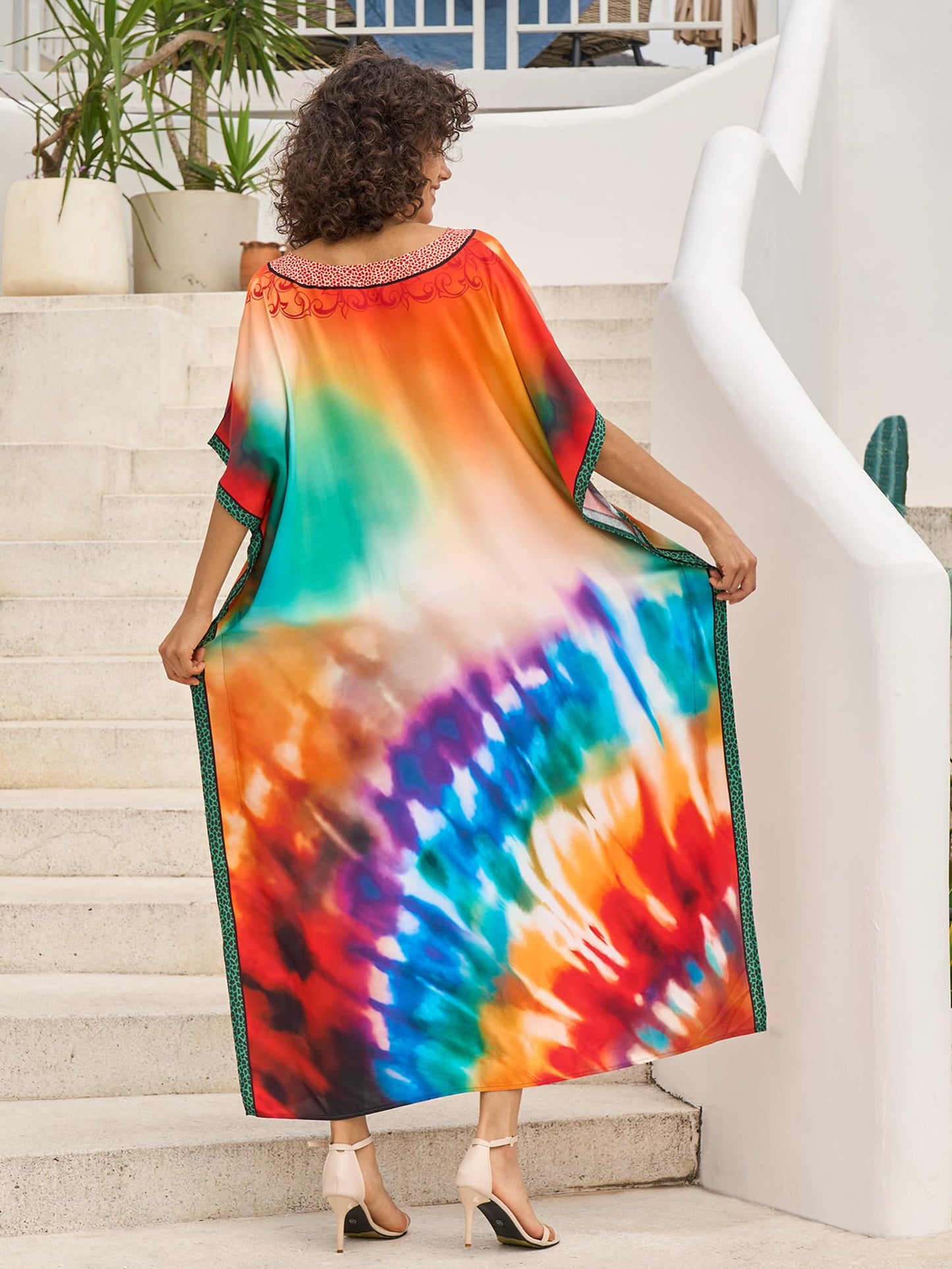 Chunoy Women V Neck Kaftan Casual Bathing Suit Kimono Sleeve Side Split Beach Cover Up Caftan Dress