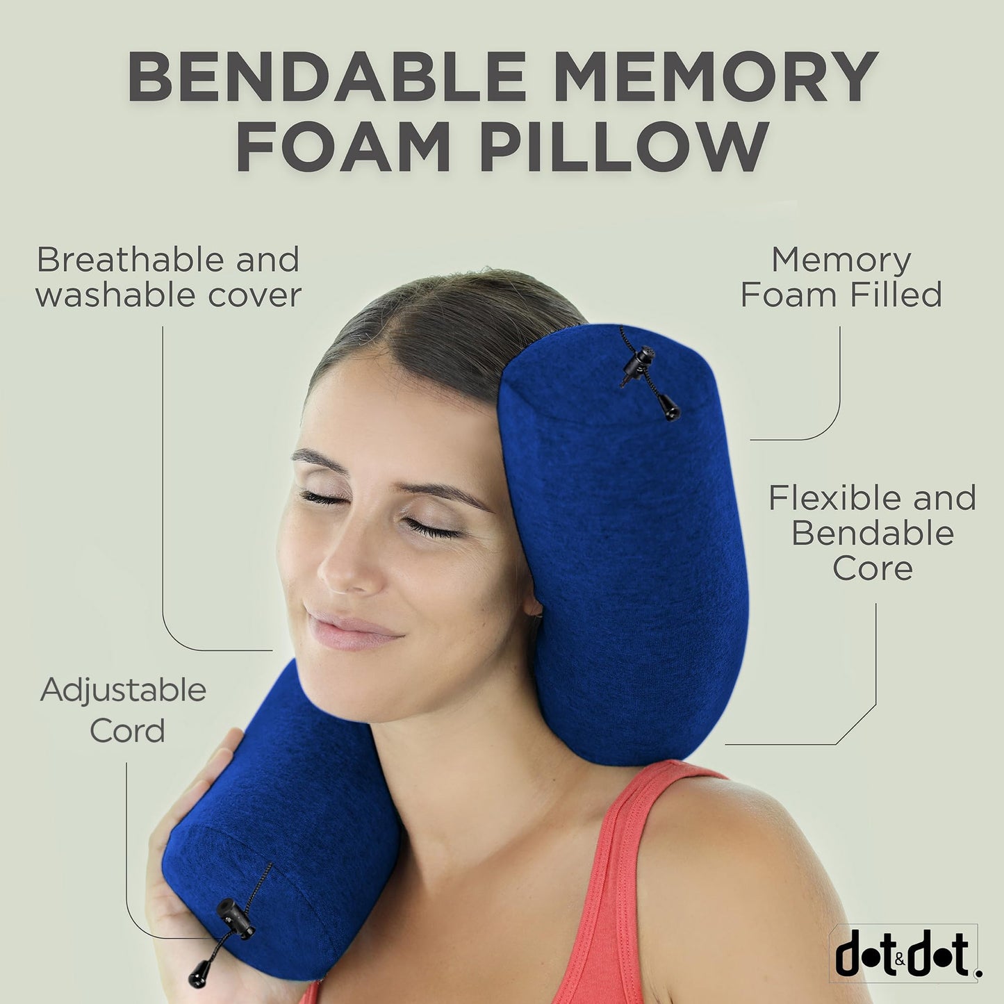 Dot&Dot Twist Memory Foam Travel Pillow for Airplanes - Travel Neck Pillow for Sleeping - Airplane Pillow for Neck Support, Chin, Lumbar and Leg - Adjustable, Bendable Neck Roll Pillow