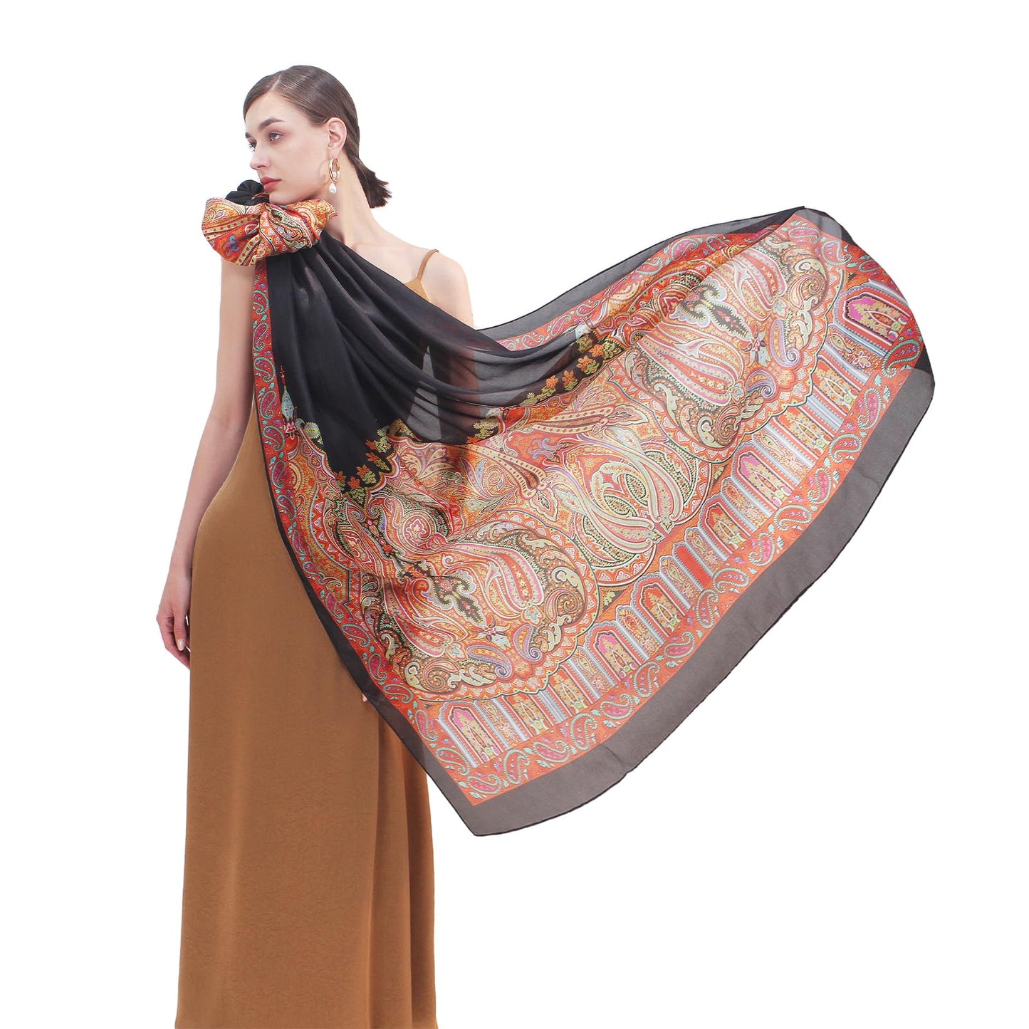 DANA XU 100% Mulberry Satin Silk Summer Travel Scarf Extra Large Women Floral Shawl Oversize Soft Wraps For Evening Dresses
