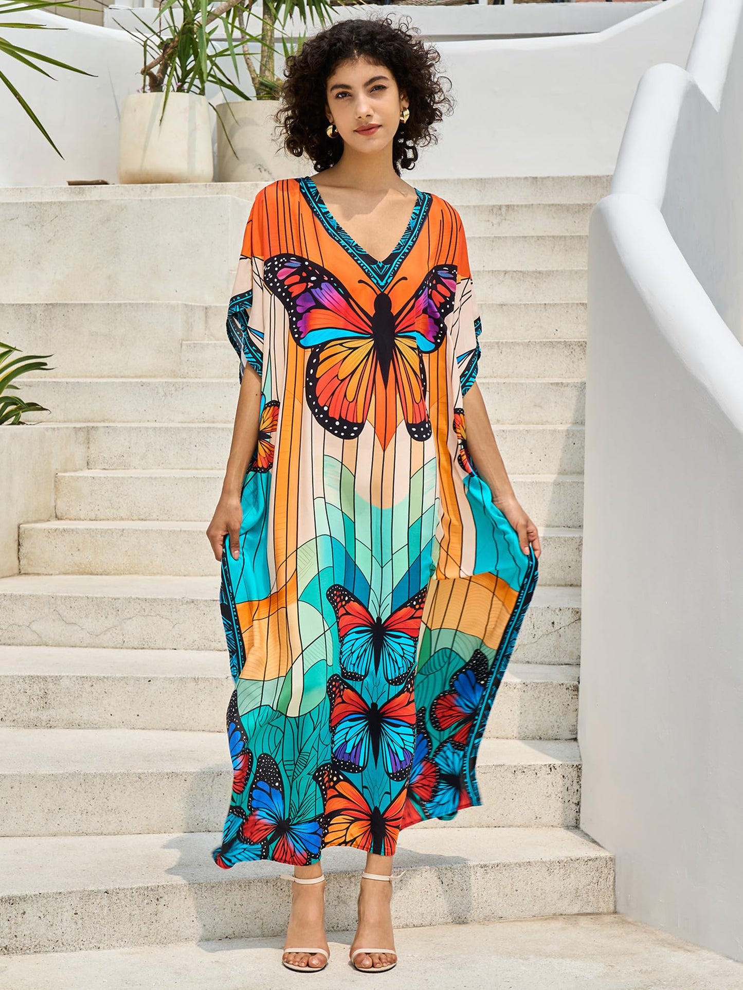 Chunoy Women V Neck Kaftan Casual Bathing Suit Kimono Sleeve Side Split Beach Cover Up Caftan Dress