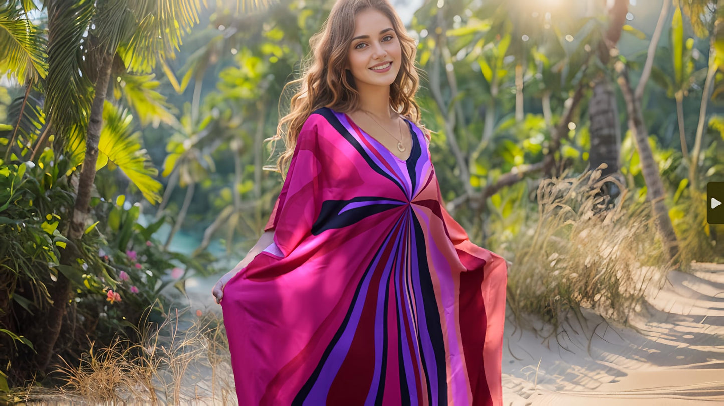 RanRui Floral Print Kaftan Dresses for Women Ethnic Boho Print Swim Cover up Batwing Sleeve Vneck Caftans