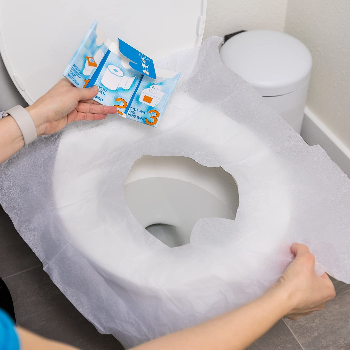 Great for travel (12-Pack) Portable Disposable Oversized Toilet Seat Cover, 3ft 3Ply Toilet Paper, Hand & Flushable Tush Wipe.