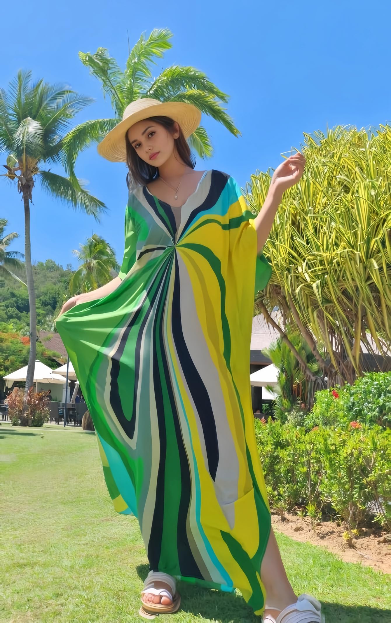 RanRui Floral Print Kaftan Dresses for Women Ethnic Boho Print Swim Cover up Batwing Sleeve Vneck Caftans