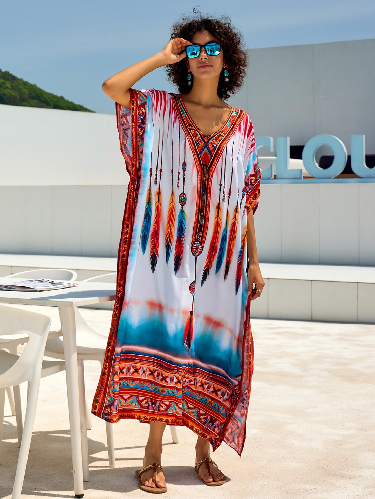 Chunoy Women V Neck Kaftan Casual Bathing Suit Kimono Sleeve Side Split Beach Cover Up Caftan Dress
