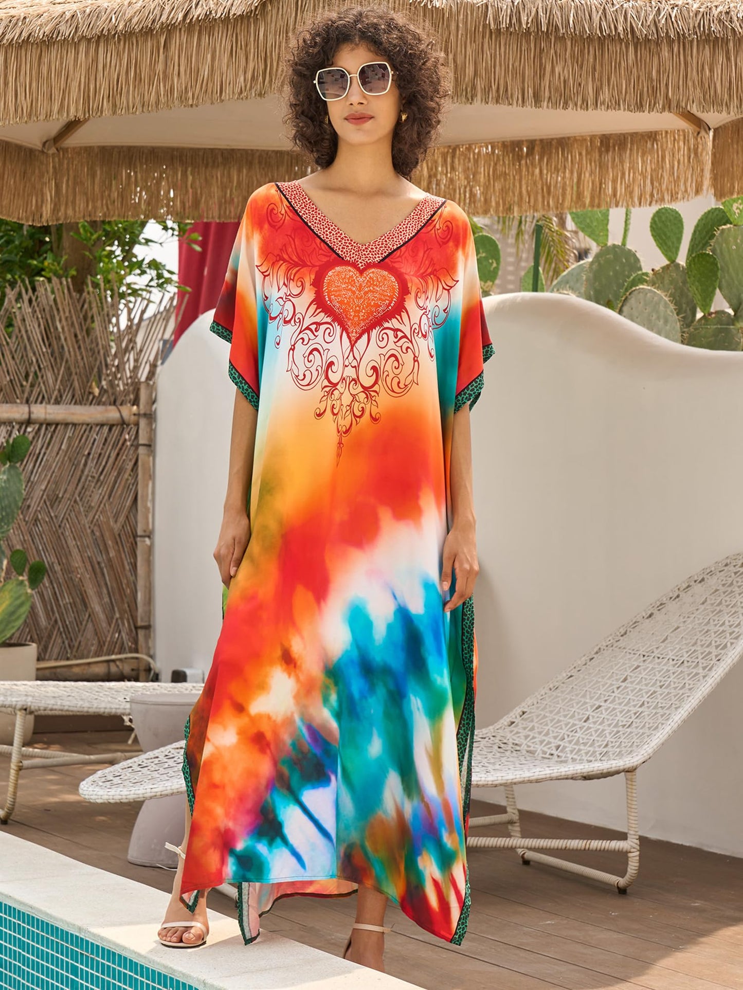 Chunoy Women V Neck Kaftan Casual Bathing Suit Kimono Sleeve Side Split Beach Cover Up Caftan Dress