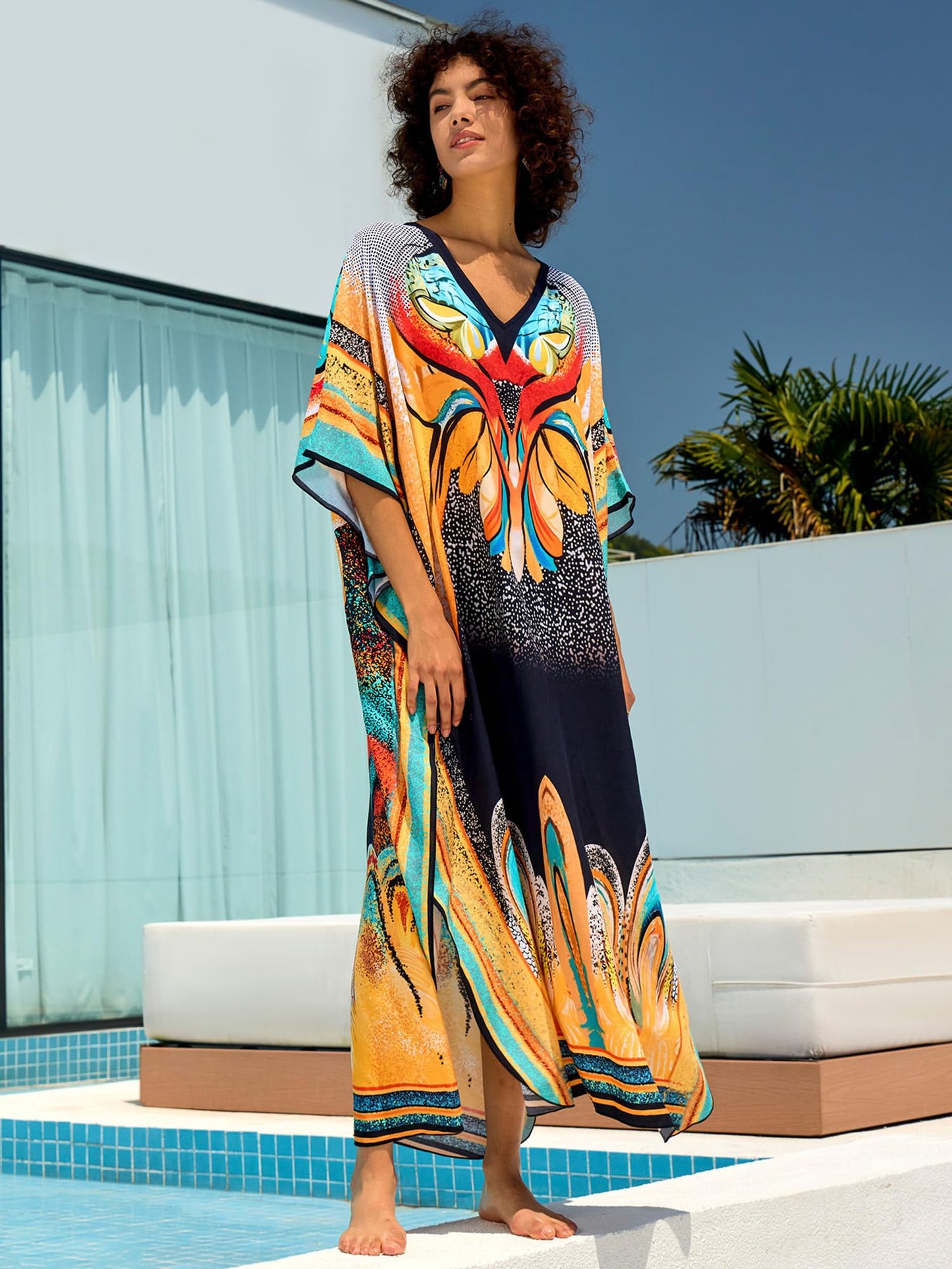 Chunoy Women V Neck Kaftan Casual Bathing Suit Kimono Sleeve Side Split Beach Cover Up Caftan Dress