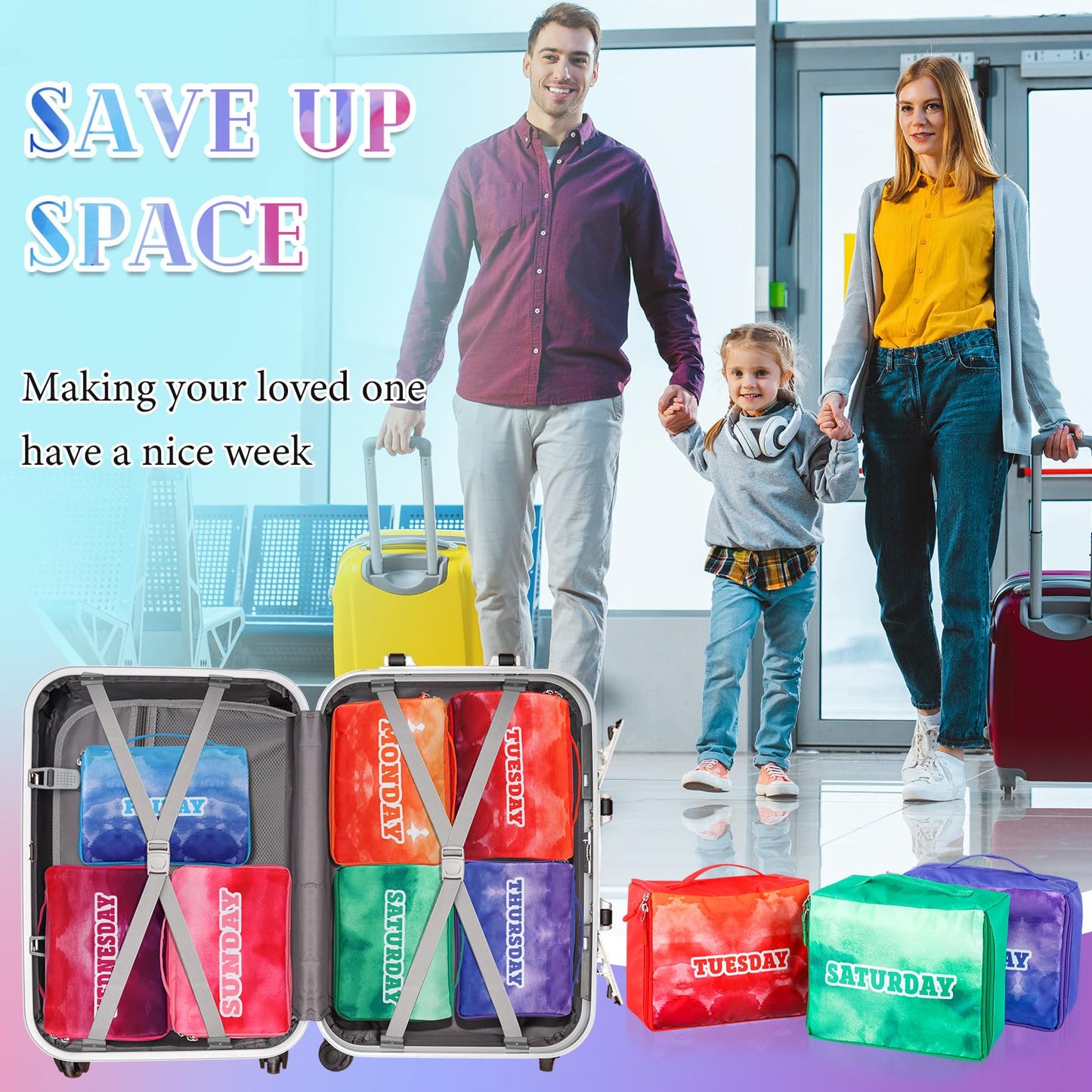 Paterr 14 Pcs Packing Cubes for Travel Kids Days of Week Compression Packing Cubes Colorful Luggage Organizers Suitcase Camp
