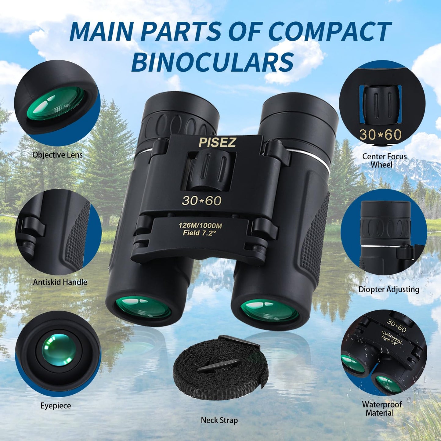 PISEZ 30X60 Compact Binoculars for Adults and Kids，Lightweight Foldable Easy Focus Small Binoculars for Bird Watching Hunting Concert Traveling Theater Opera Sightseeing