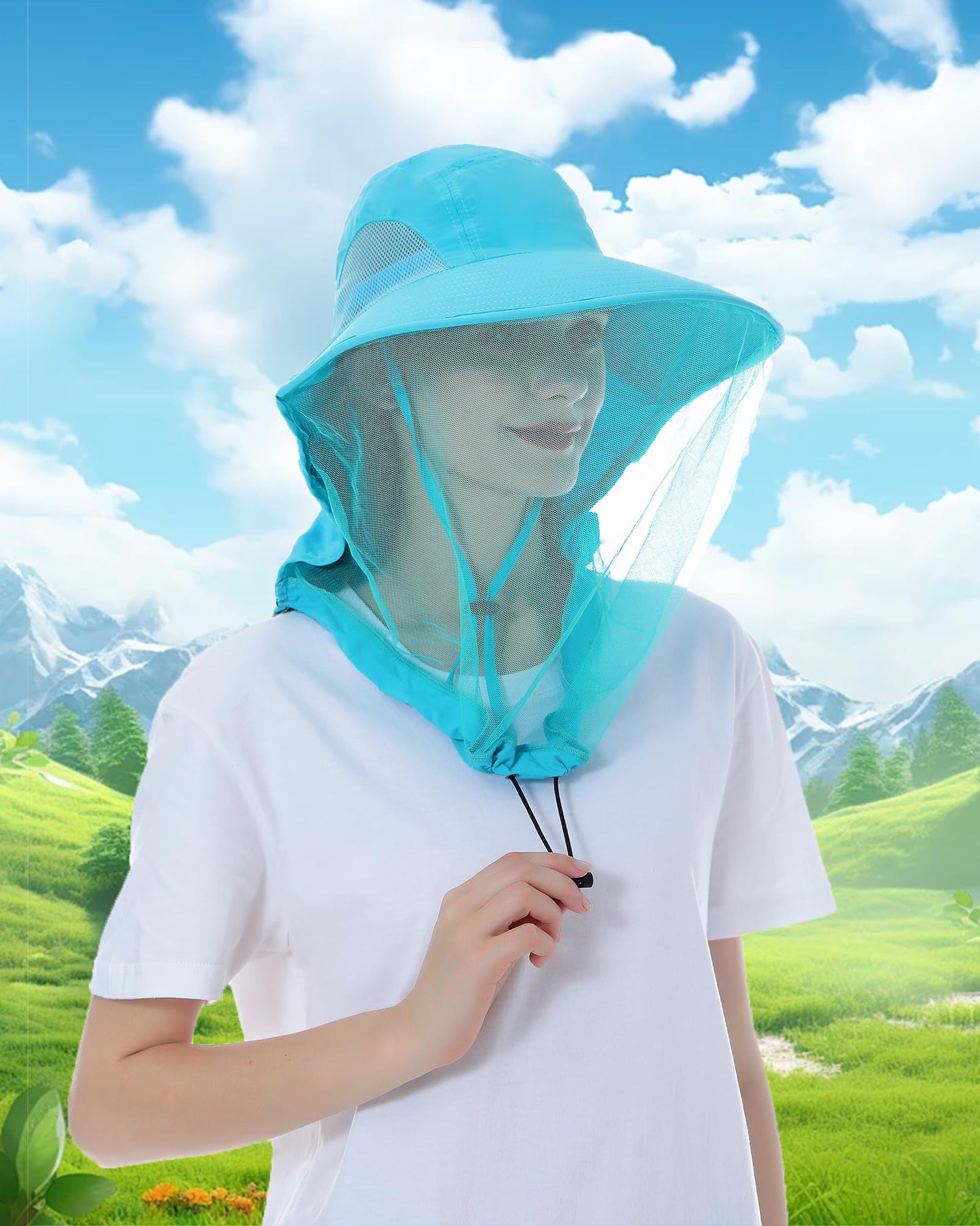 Womens Sun Hat Outdoor UV Protection Wide Brim Fishing Hat with Ponytail Hole Neck Flap for Beach Hiking Camping