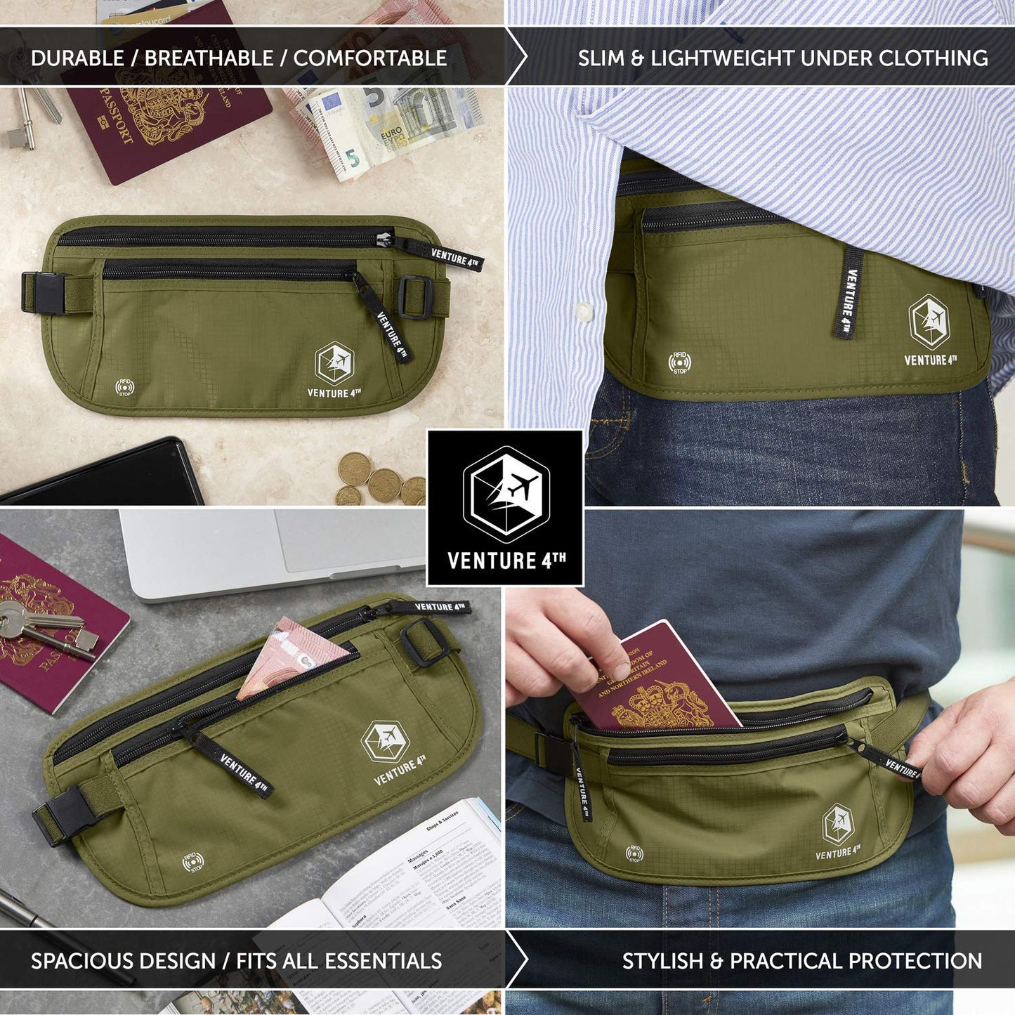 VENTURE 4TH Travel Money Belt - RFID Blocking (Gray)