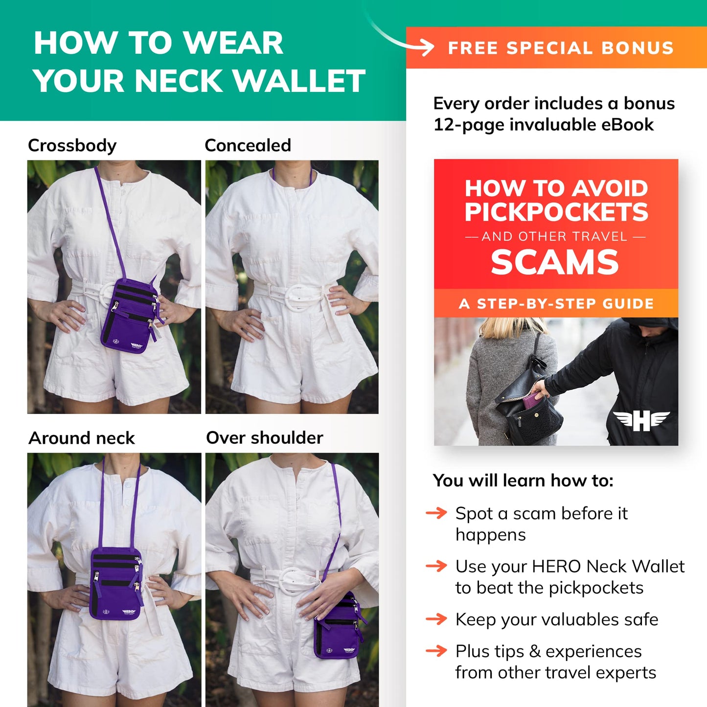 HERO Neck Wallet, RFID Blocking Passport Holder, Easy to Conceal Travel Pouch