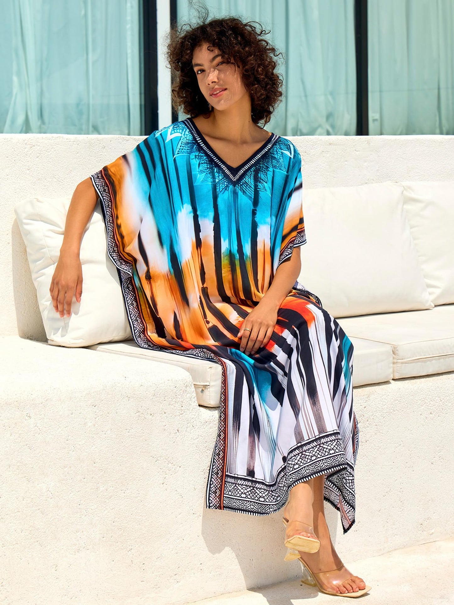 Chunoy Women V Neck Kaftan Casual Bathing Suit Kimono Sleeve Side Split Beach Cover Up Caftan Dress