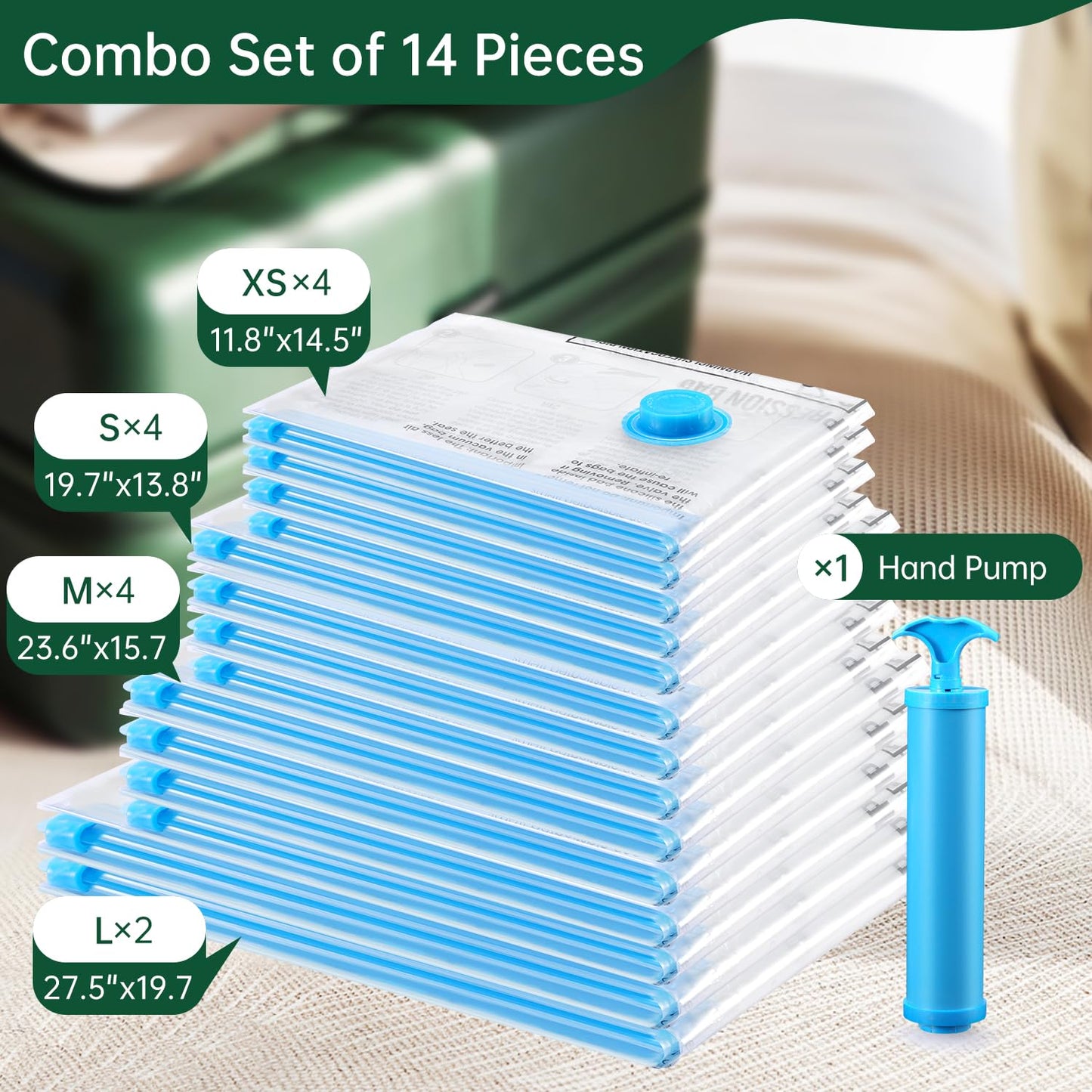 BRODI 10 Combo Pack Travel Vacuum Bags with Pump - Space Saver & Travel Essentials, Clothing & Luggage Vacuum Seal Bags