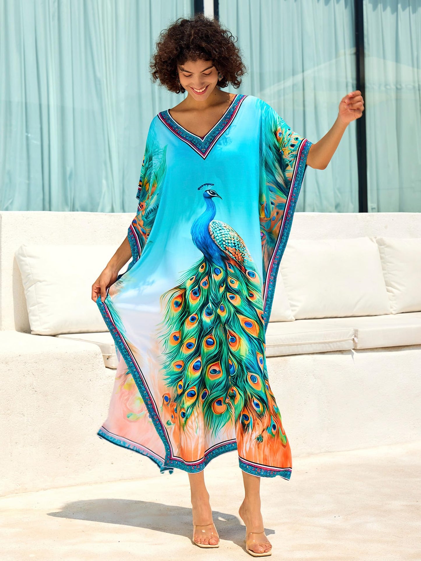 Chunoy Women V Neck Kaftan Casual Bathing Suit Kimono Sleeve Side Split Beach Cover Up Caftan Dress