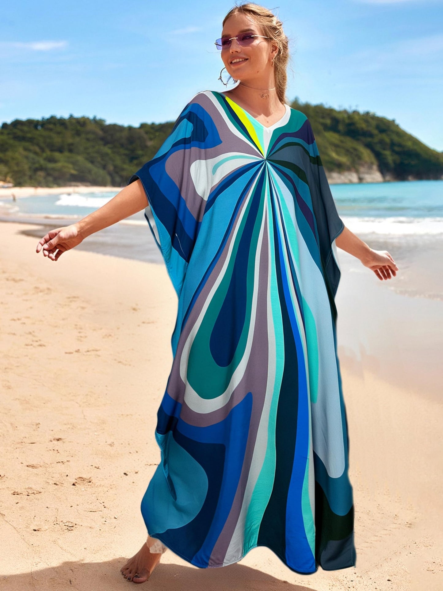 RanRui Floral Print Kaftan Dresses for Women Ethnic Boho Print Swim Cover up Batwing Sleeve Vneck Caftans