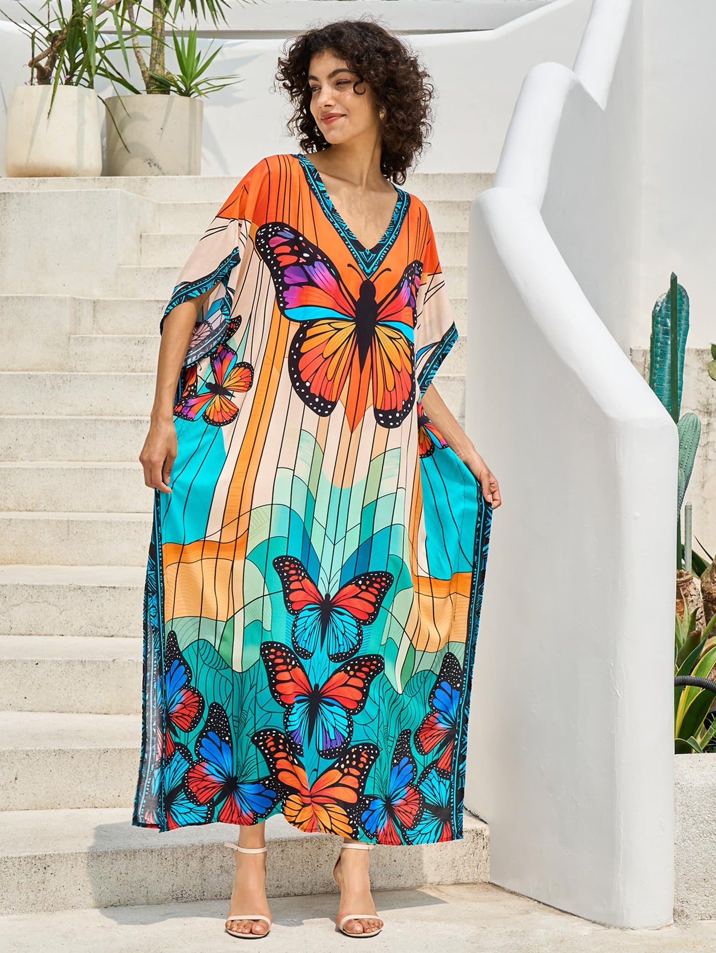Chunoy Women V Neck Kaftan Casual Bathing Suit Kimono Sleeve Side Split Beach Cover Up Caftan Dress