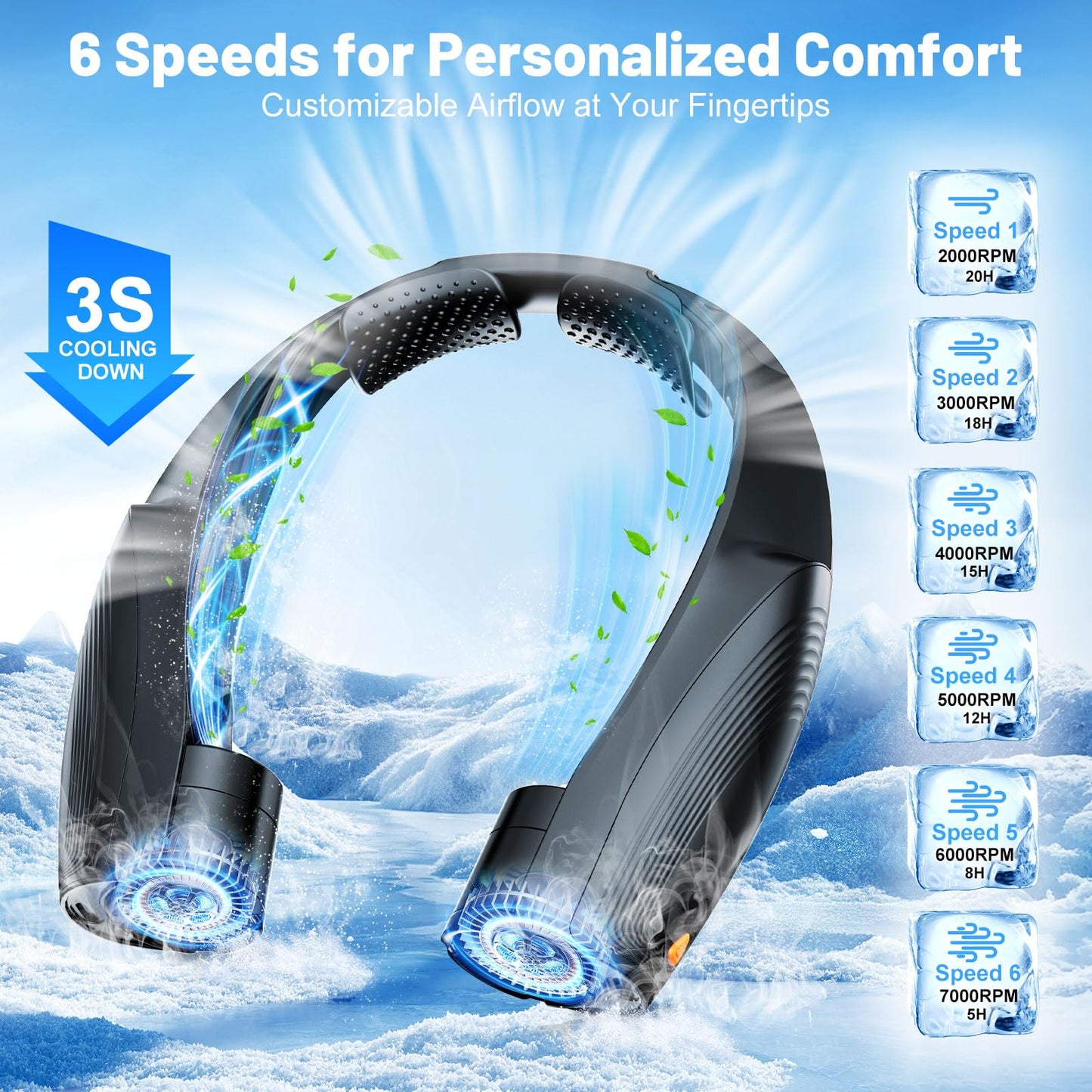 AI Portable Neck Fan with 6 Powerful Speeds, 8000mAh Battery Operated USB-C Rechargeable Fan, Hands-Free 360° Cooling Neck Fan,Twistable,Ultra-Quiet Personal Fan for Women Men Office Travel(Blue)
