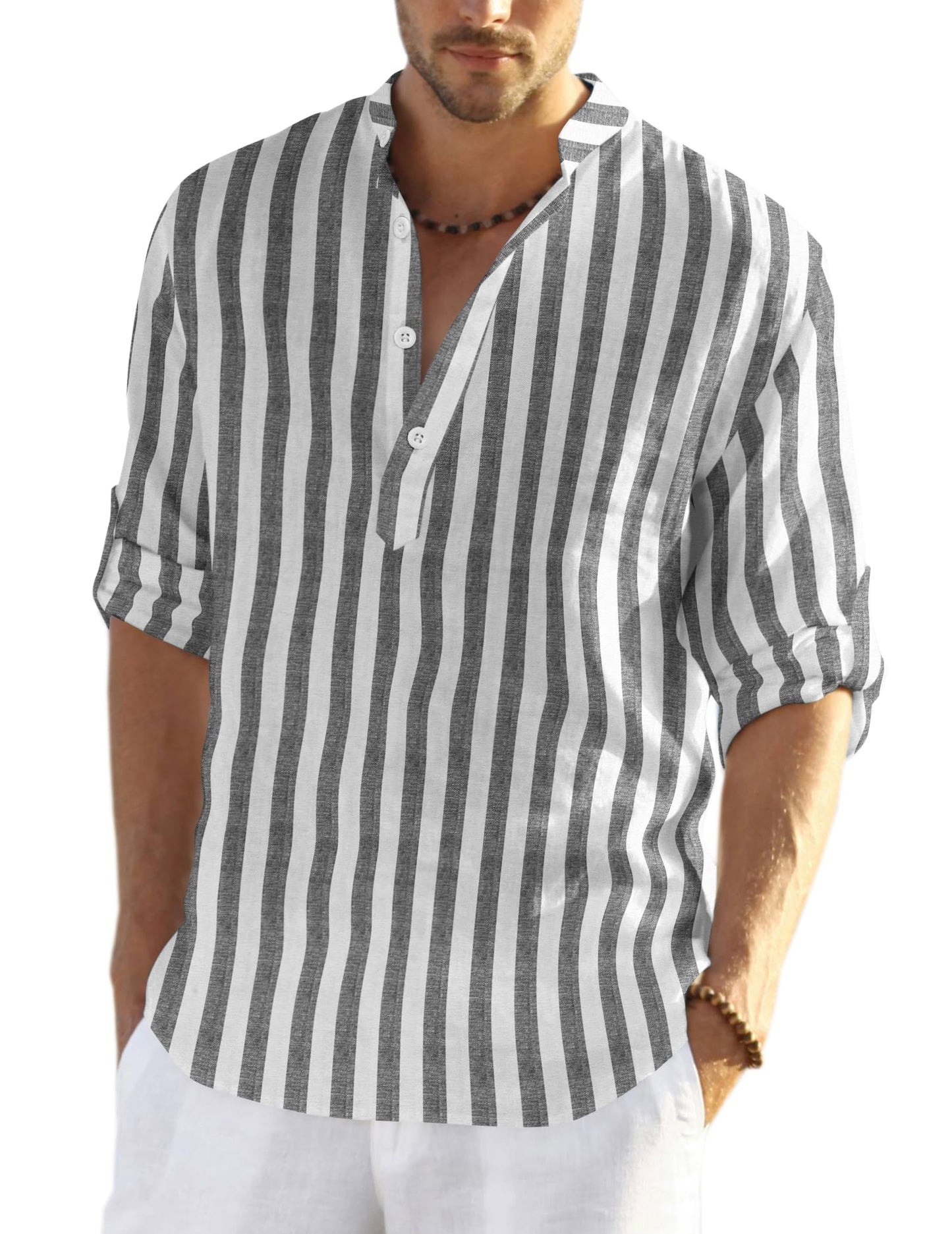 COOFANDY Men's Cotton Linen Henley T-Shirts Long Sleeve Hippie Casual Beach T-Shirts