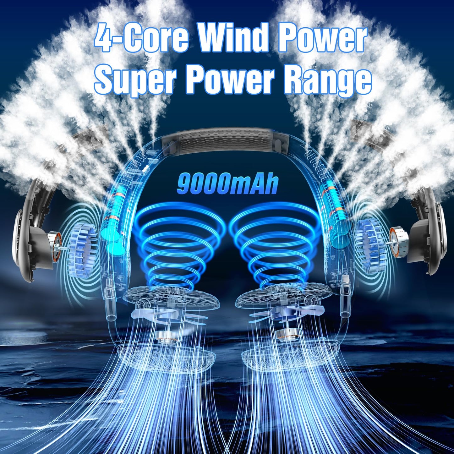 Portable Neck Fan, 9000mAh Hand Free Neck Fan, Neck Fan Air Conditioner, Bladeless Cooling Personal Neck Fan with 4 Air Outlet 3 speed for Travel, Camping, Yard Work, White