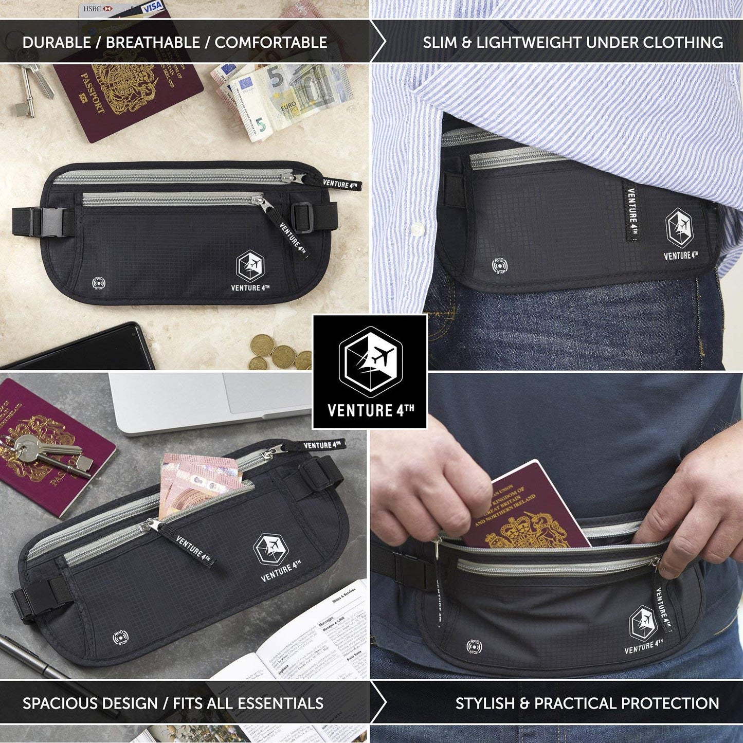 VENTURE 4TH Travel Money Belt - RFID Blocking (Gray)
