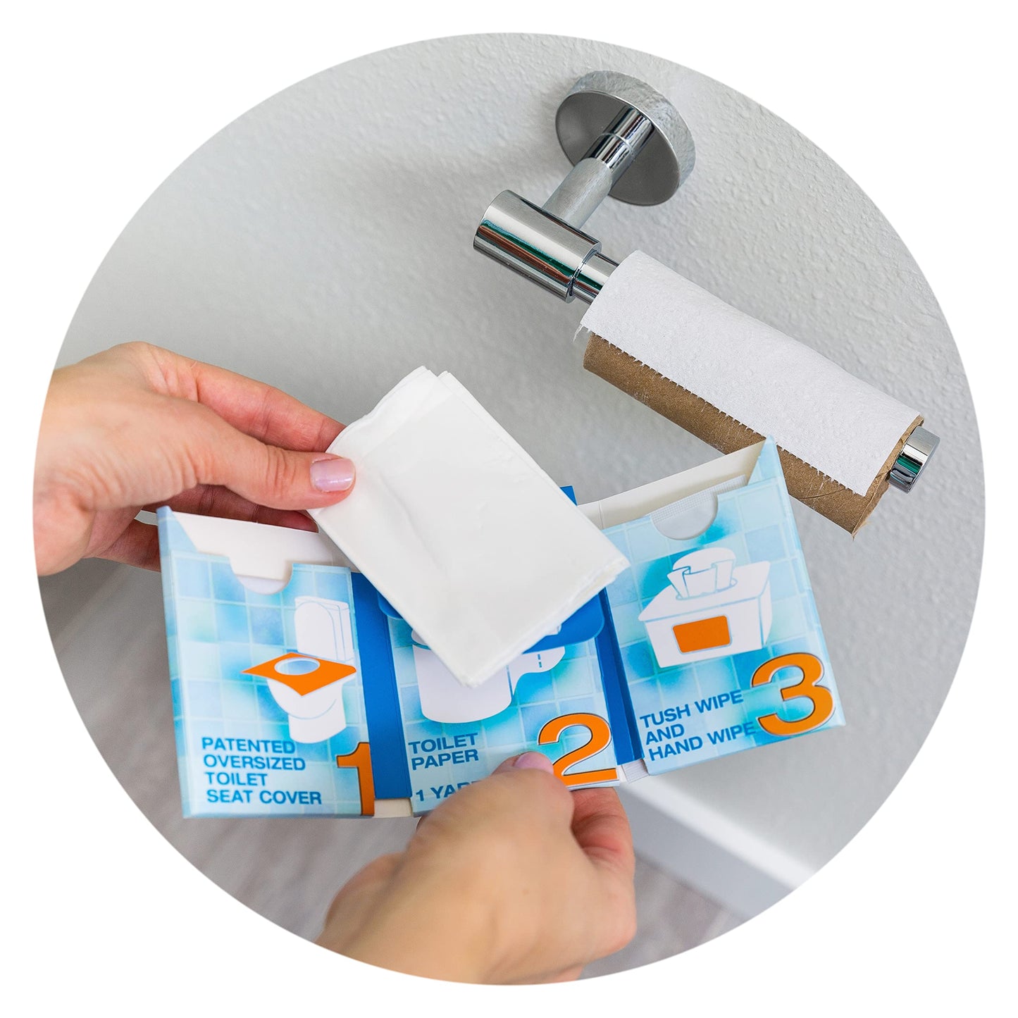 Great for travel (12-Pack) Portable Disposable Oversized Toilet Seat Cover, 3ft 3Ply Toilet Paper, Hand & Flushable Tush Wipe.
