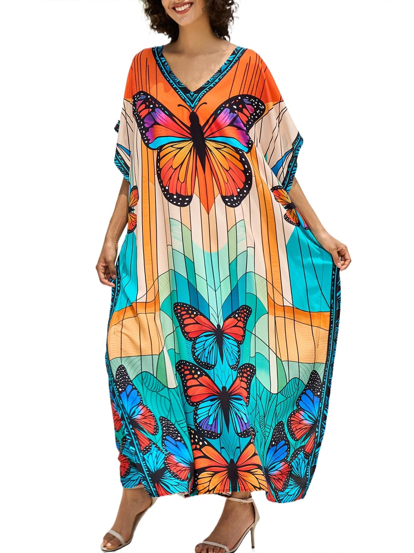 Chunoy Women V Neck Kaftan Casual Bathing Suit Kimono Sleeve Side Split Beach Cover Up Caftan Dress