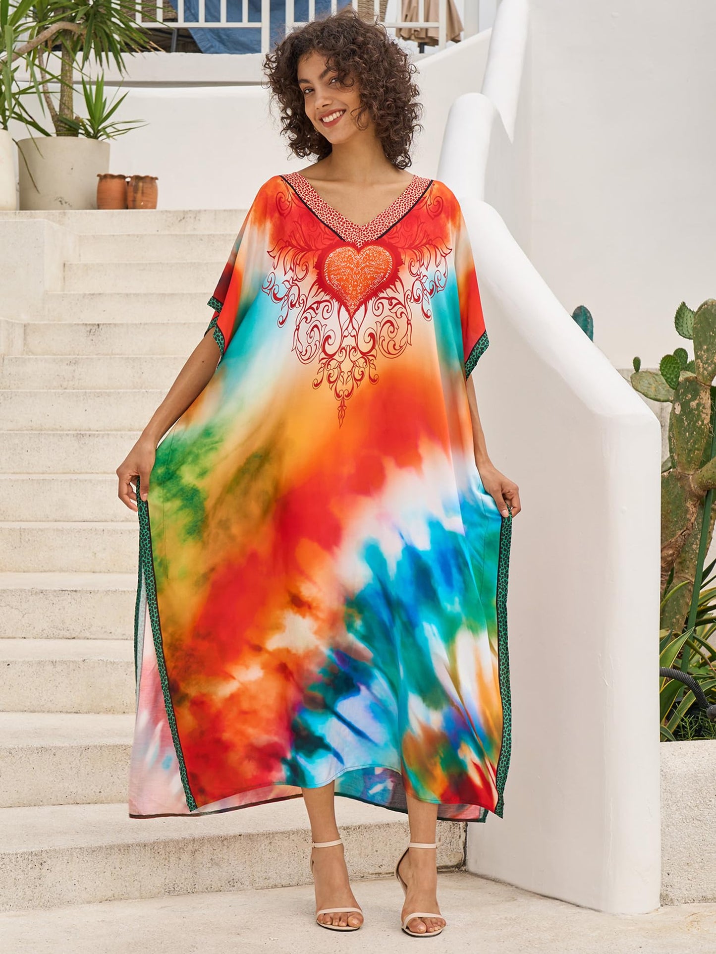 Chunoy Women V Neck Kaftan Casual Bathing Suit Kimono Sleeve Side Split Beach Cover Up Caftan Dress