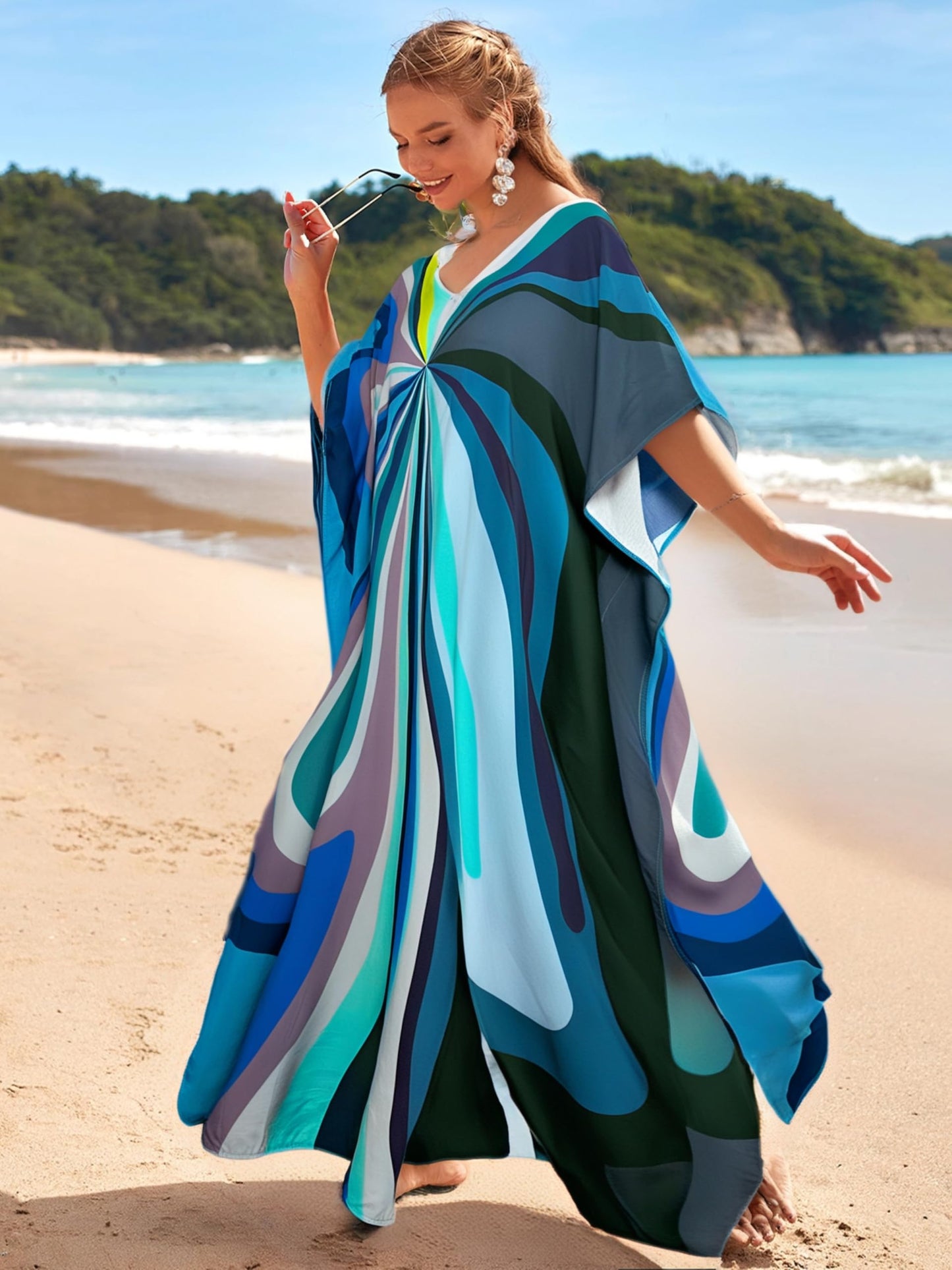 RanRui Floral Print Kaftan Dresses for Women Ethnic Boho Print Swim Cover up Batwing Sleeve Vneck Caftans