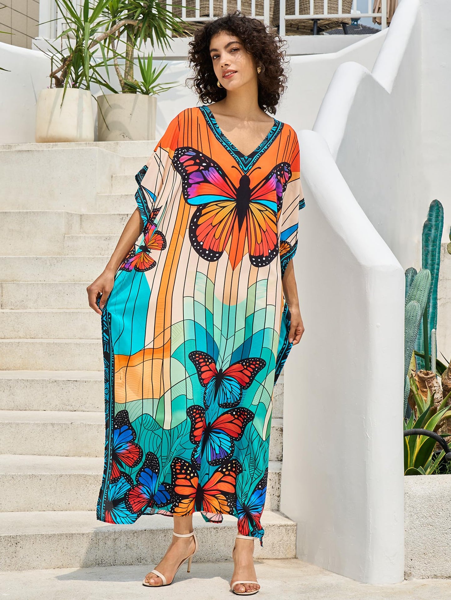 Chunoy Women V Neck Kaftan Casual Bathing Suit Kimono Sleeve Side Split Beach Cover Up Caftan Dress
