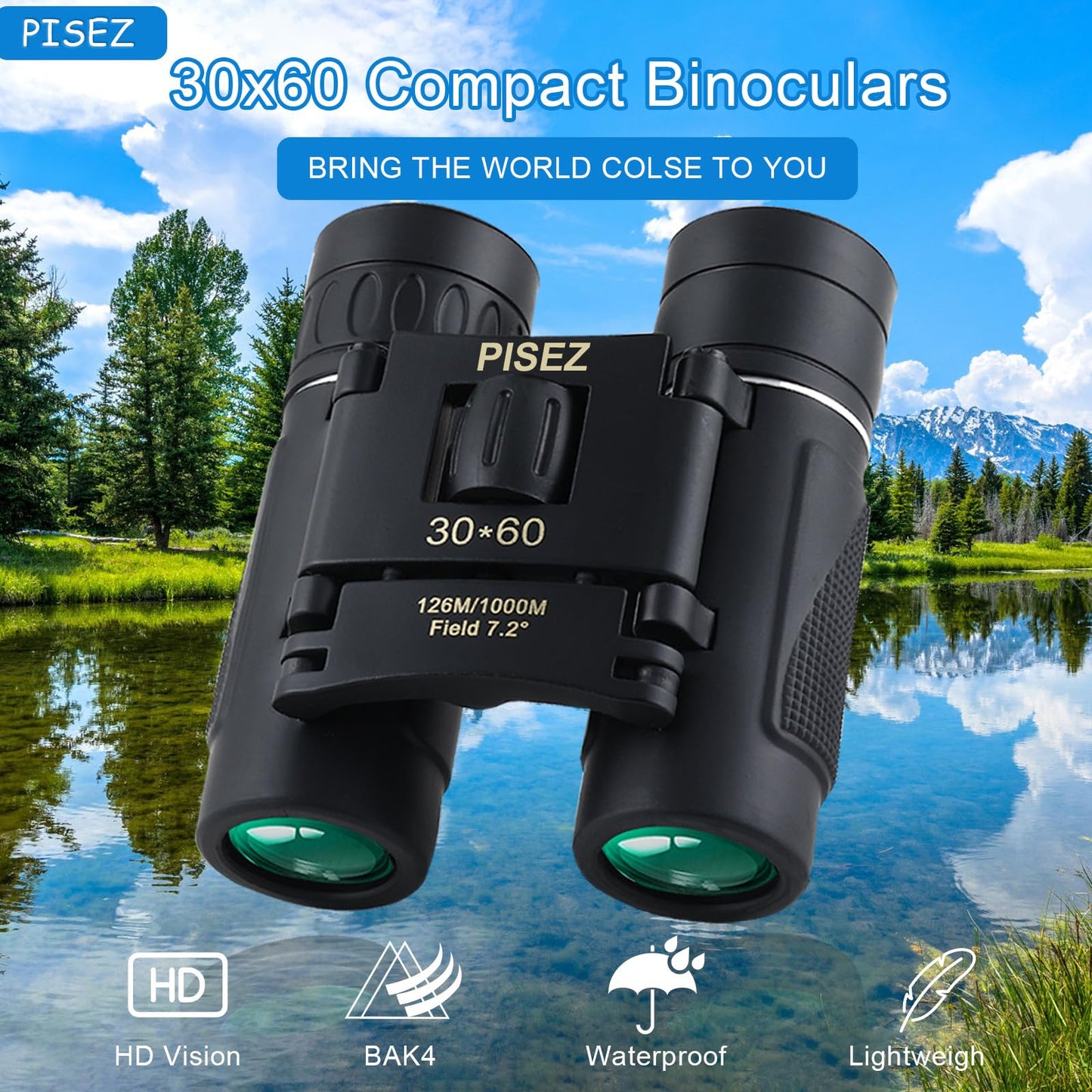 PISEZ 30X60 Compact Binoculars for Adults and Kids，Lightweight Foldable Easy Focus Small Binoculars for Bird Watching Hunting Concert Traveling Theater Opera Sightseeing