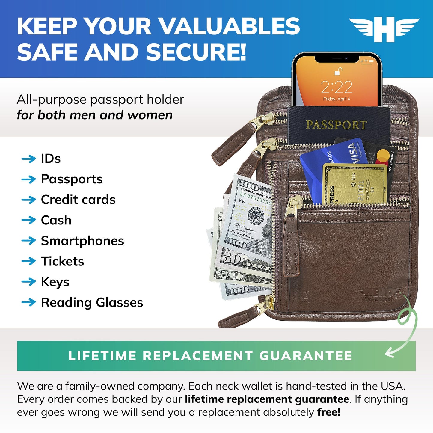 HERO Neck Wallet, RFID Blocking Passport Holder, Easy to Conceal Travel Pouch