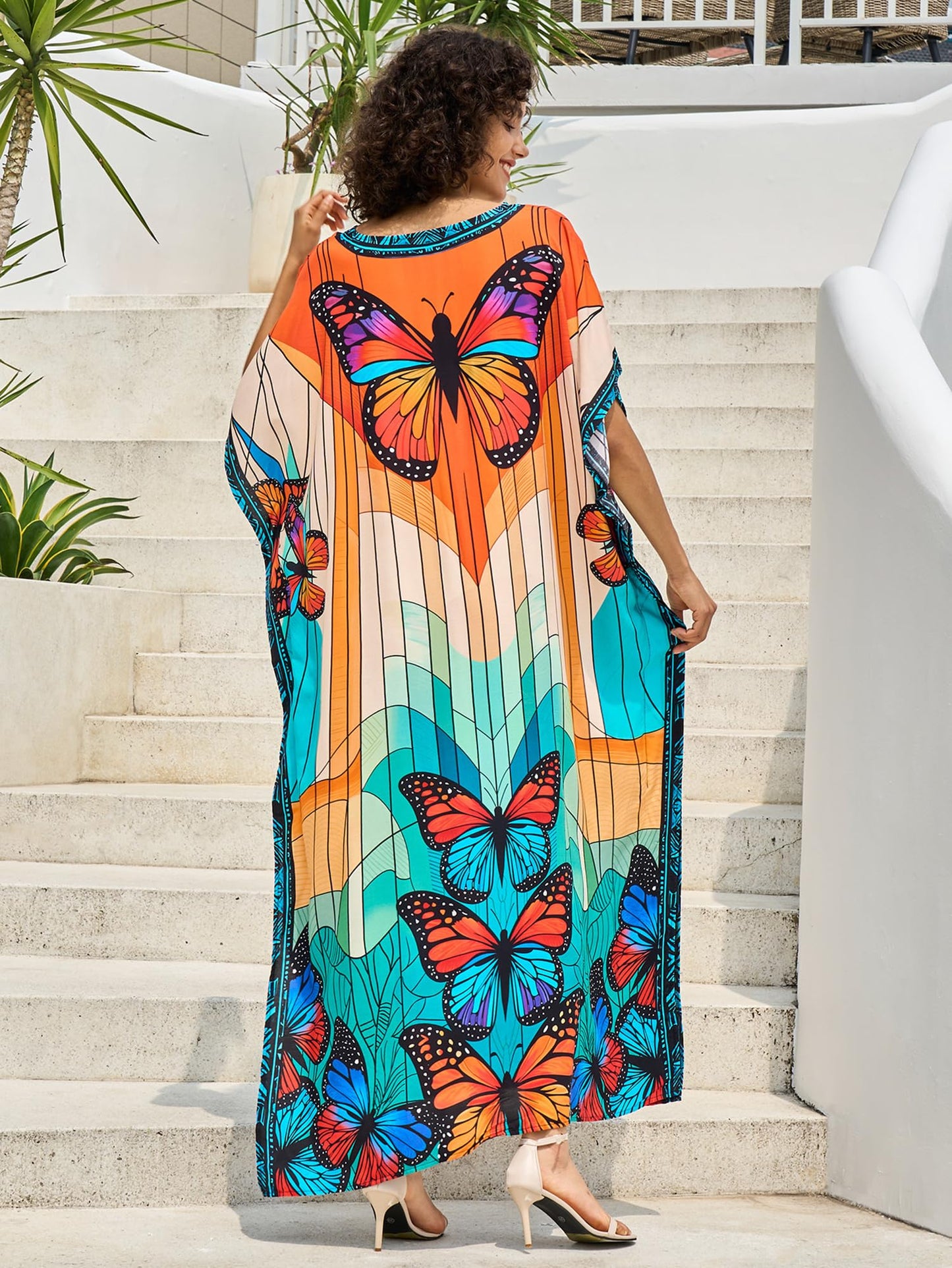 Chunoy Women V Neck Kaftan Casual Bathing Suit Kimono Sleeve Side Split Beach Cover Up Caftan Dress