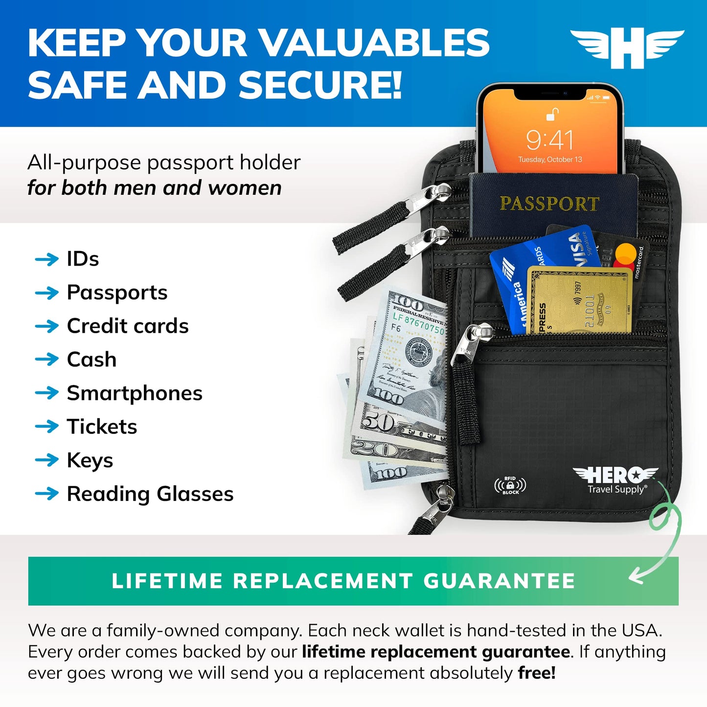 HERO Neck Wallet, RFID Blocking Passport Holder, Easy to Conceal Travel Pouch
