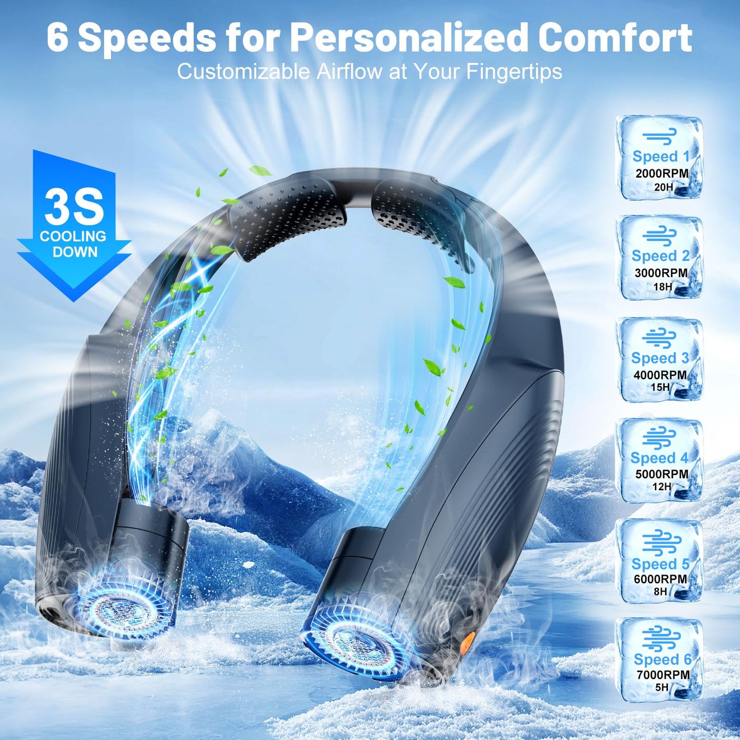 AI Portable Neck Fan with 6 Powerful Speeds, 8000mAh Battery Operated USB-C Rechargeable Fan, Hands-Free 360° Cooling Neck Fan,Twistable,Ultra-Quiet Personal Fan for Women Men Office Travel(Blue)