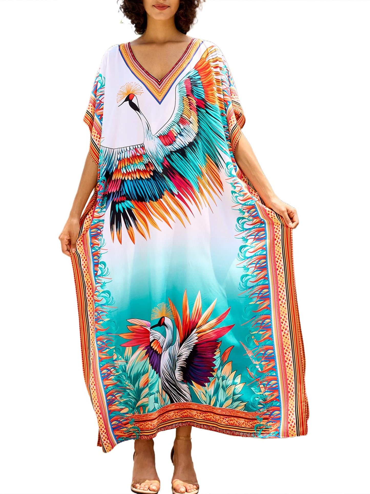 Chunoy Women V Neck Kaftan Casual Bathing Suit Kimono Sleeve Side Split Beach Cover Up Caftan Dress