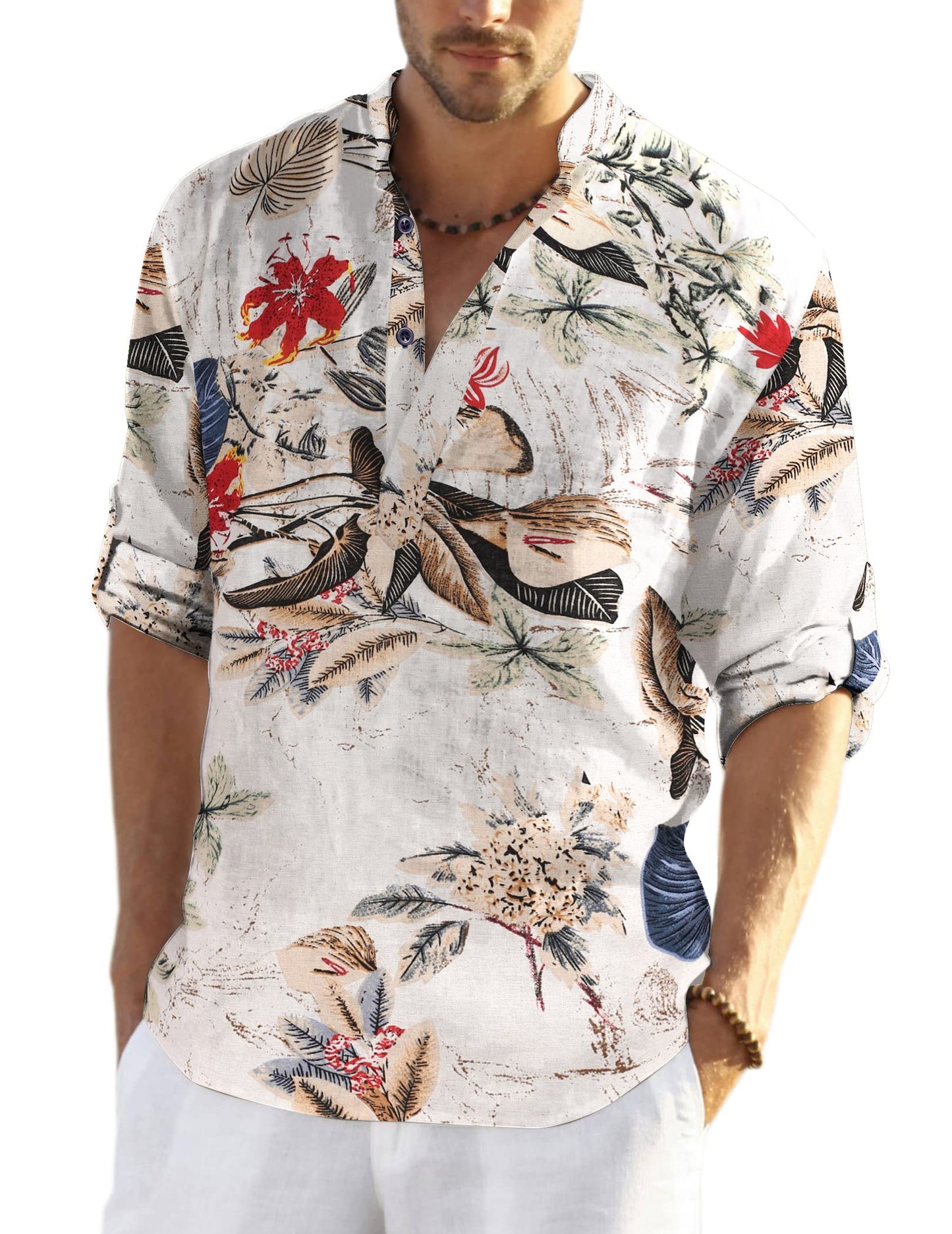 COOFANDY Men's Cotton Linen Henley T-Shirts Long Sleeve Hippie Casual Beach T-Shirts