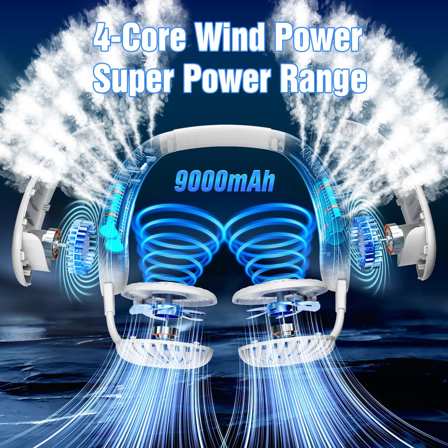 Portable Neck Fan, 9000mAh Hand Free Neck Fan, Neck Fan Air Conditioner, Bladeless Cooling Personal Neck Fan with 4 Air Outlet 3 speed for Travel, Camping, Yard Work, White
