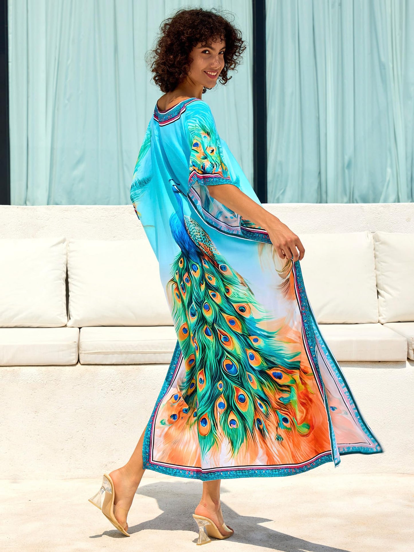 Chunoy Women V Neck Kaftan Casual Bathing Suit Kimono Sleeve Side Split Beach Cover Up Caftan Dress