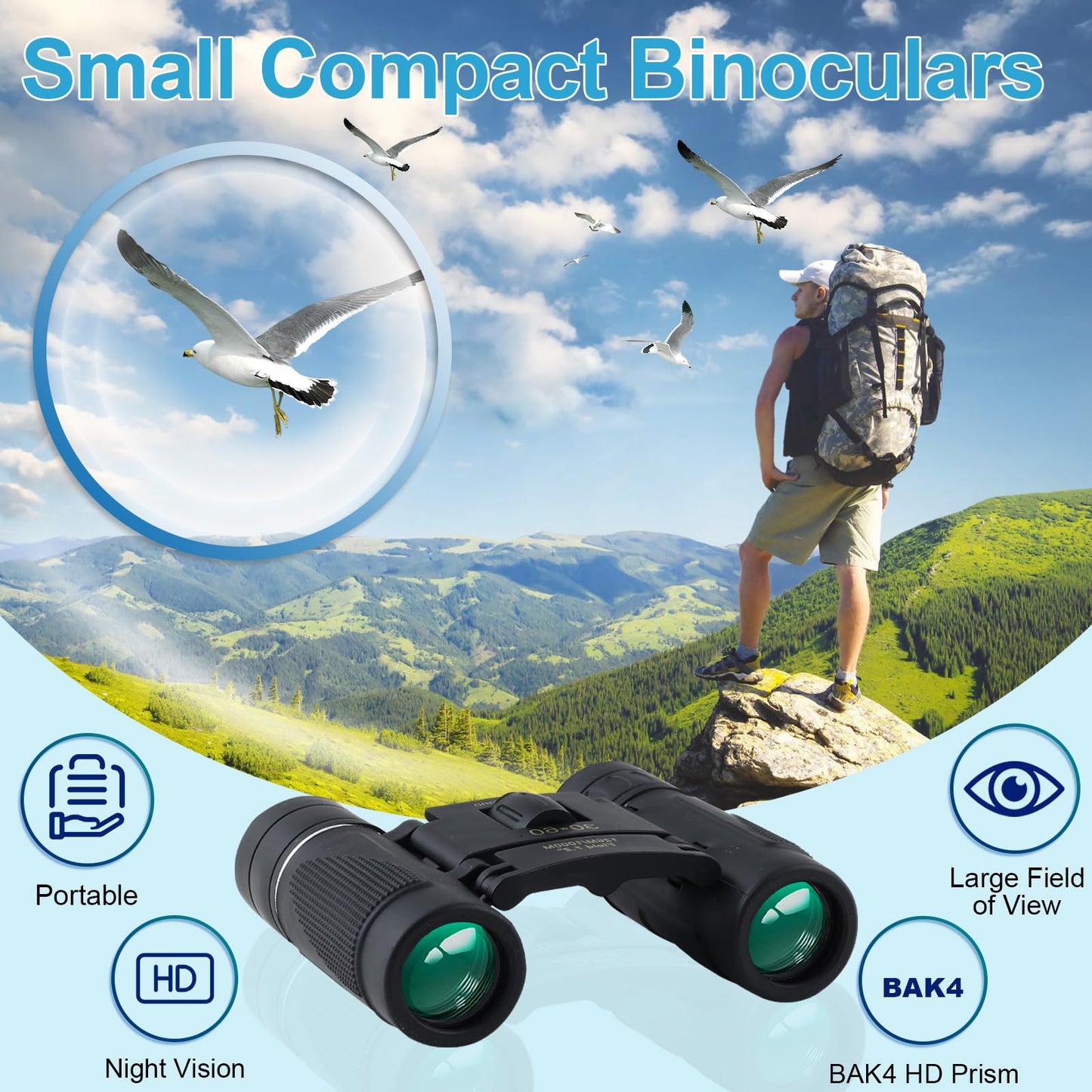 PISEZ 30X60 Compact Binoculars for Adults and Kids，Lightweight Foldable Easy Focus Small Binoculars for Bird Watching Hunting Concert Traveling Theater Opera Sightseeing