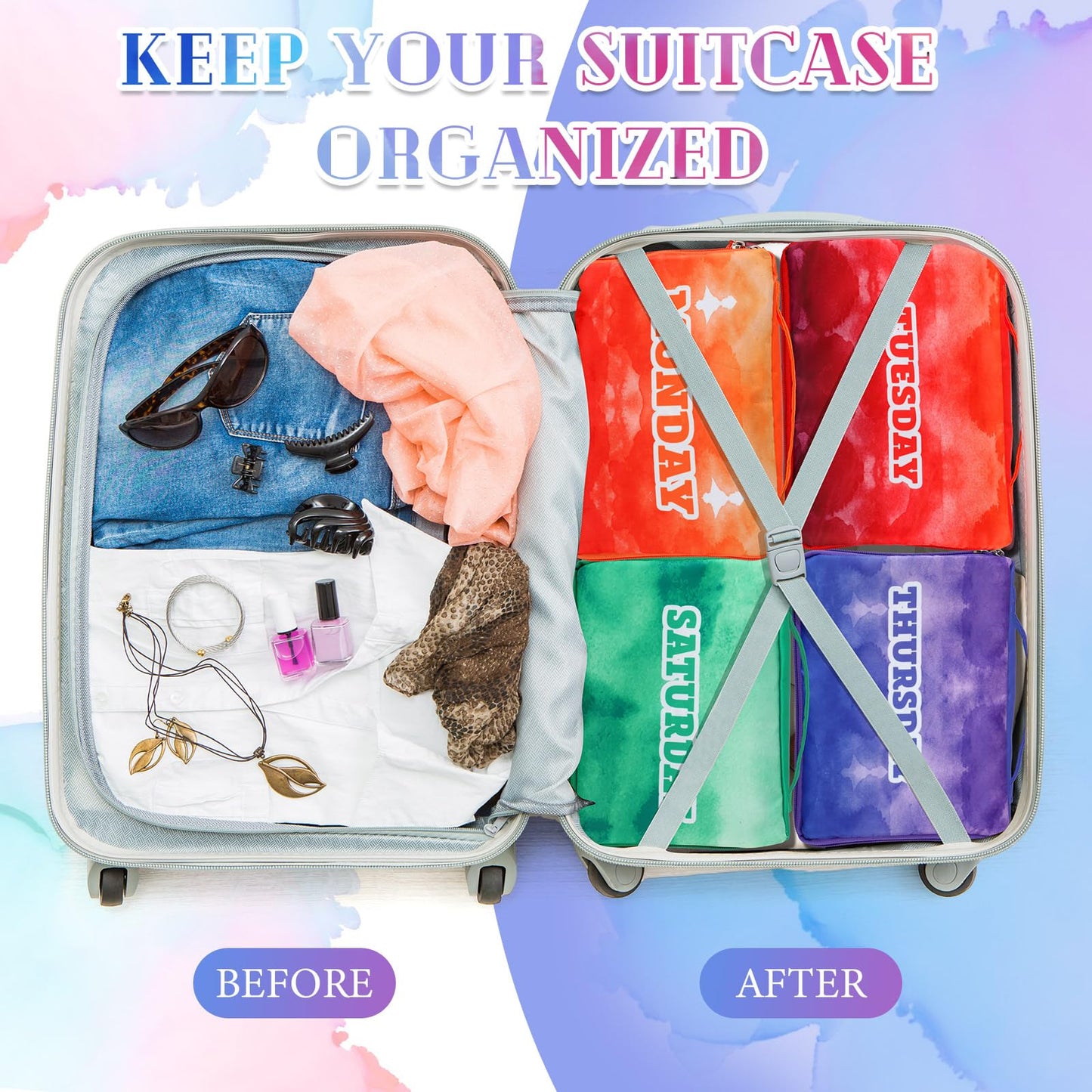 Paterr 14 Pcs Packing Cubes for Travel Kids Days of Week Compression Packing Cubes Colorful Luggage Organizers Suitcase Camp