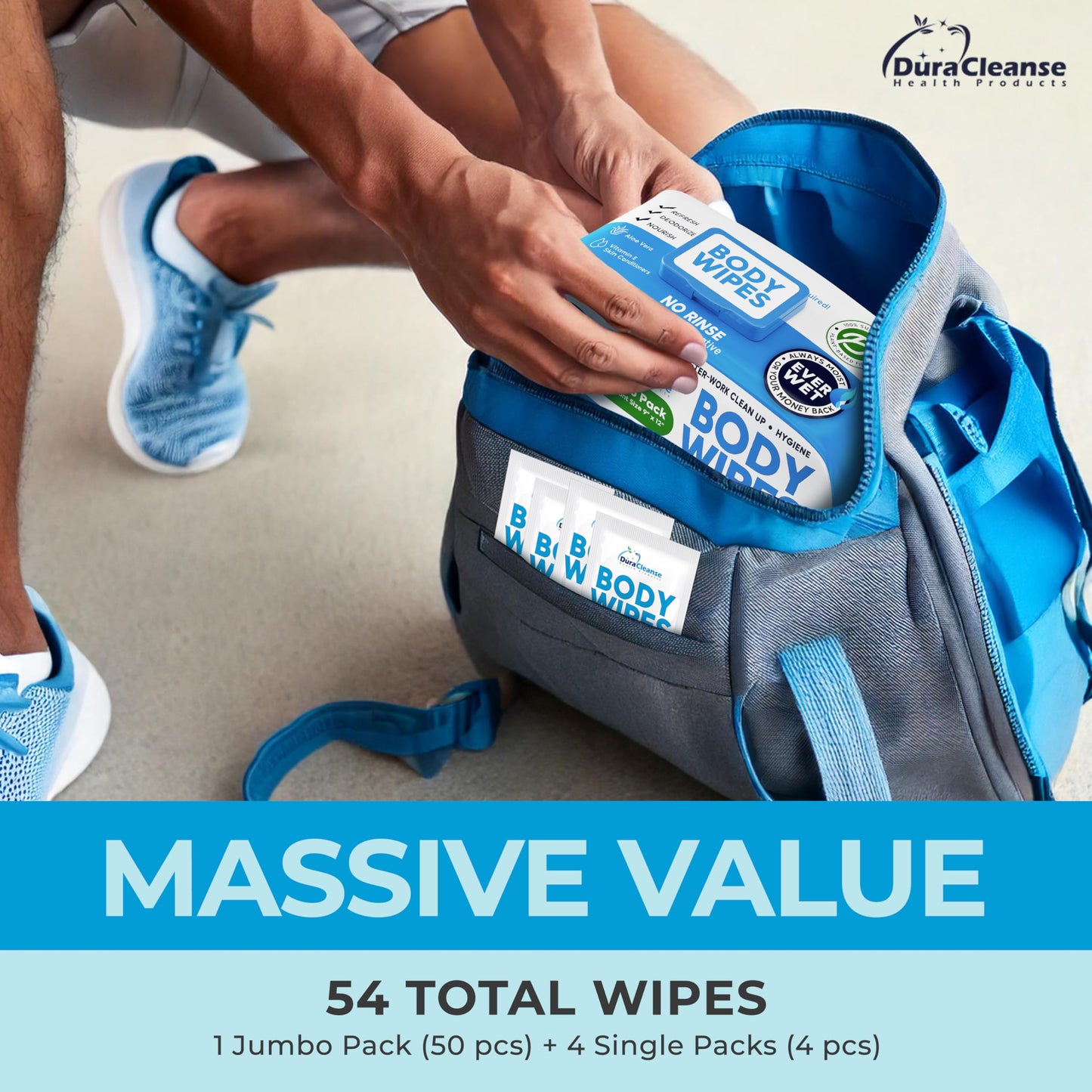 Body Wipes for Adults Bathing No Rinse - 20 Count Travel Shower Wipes - 9" x 12" Individually Wrapped Thick Cleansing Waterless Wash Scrubs - Disposable Washcloths for Camping & Elderly Incontinence