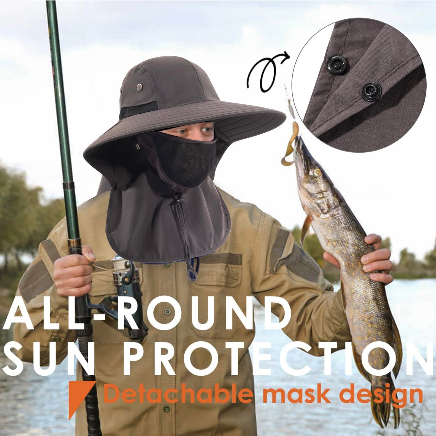 Mens Women Fishing Hat UPF 50+ Wide Brim Sun Hat with Face Cover & Neck Flap
